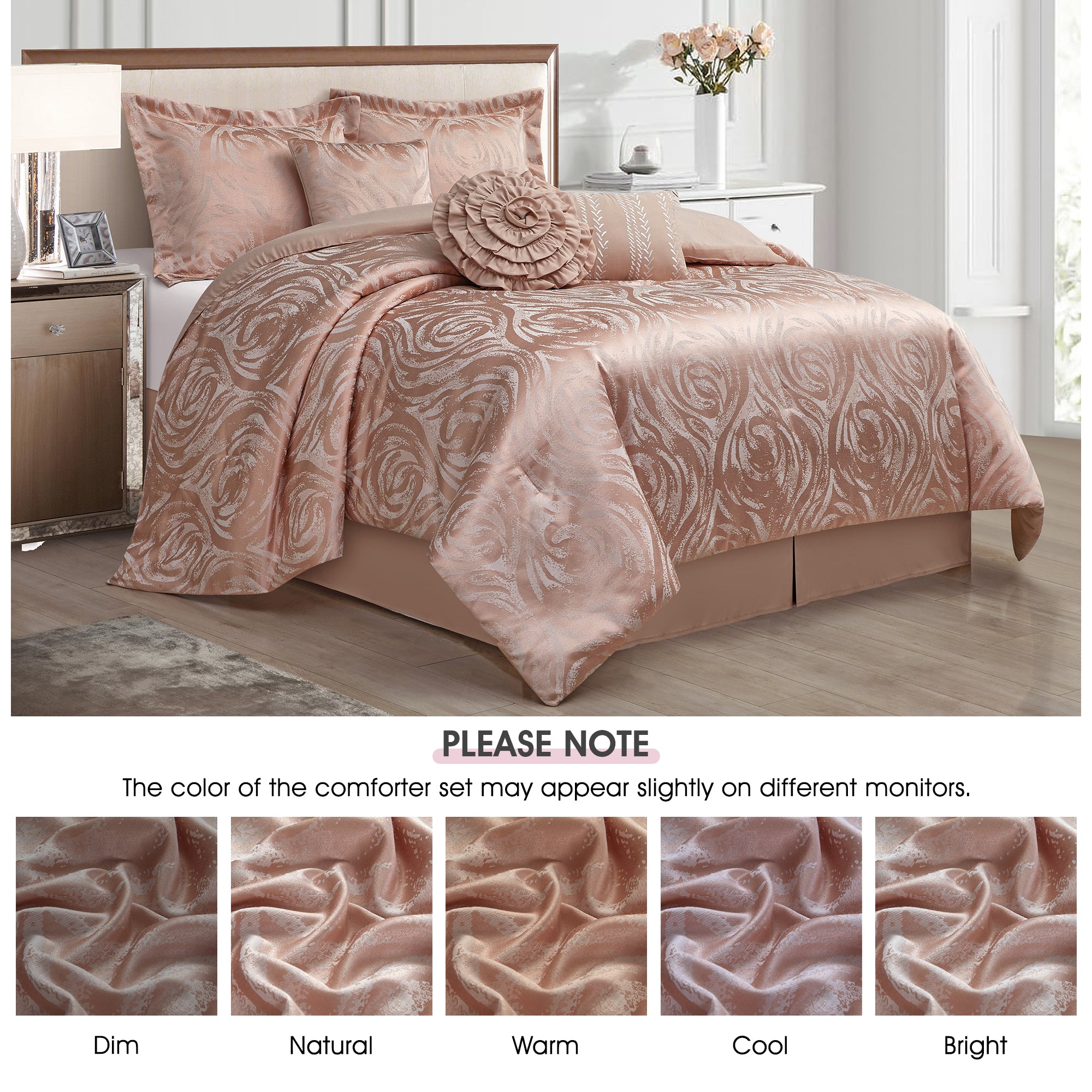 LANCO MODERN LIFESTYLE Alameda 7 Piece Comforter Set, Elegant Floral Jacquard, Ultra Soft Bed Set for All Seasons, Bed in a Bag with Comforter, Bed Skirt, Pillow Shams & Decor Pillows