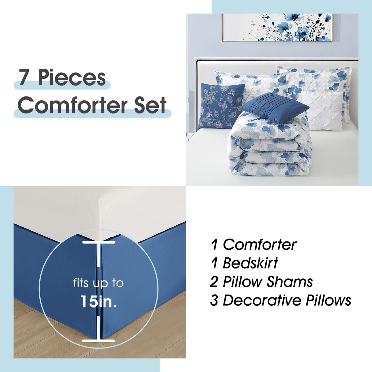 LANCO MODERN LIFESTYLE 7 Pieces Comforter Set, Blue Watercolor Florals on White, Printed Waffle with Solid Microfiber Piecework, Bed in a Bag, Bedskirt, Pillow Shams and Decor Pillows
