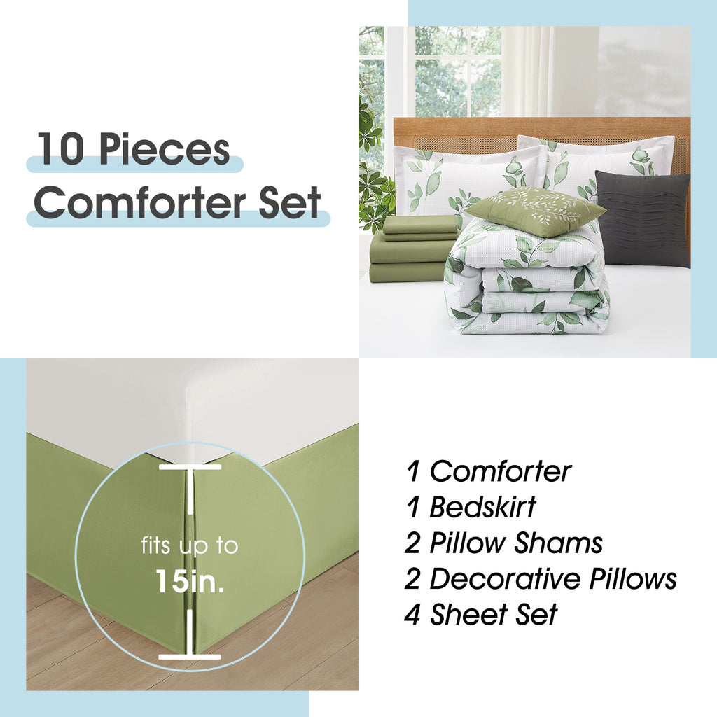 LANCO MODERN LIFESTYLE White Green Leaf Print 10 Piece Comforter Set