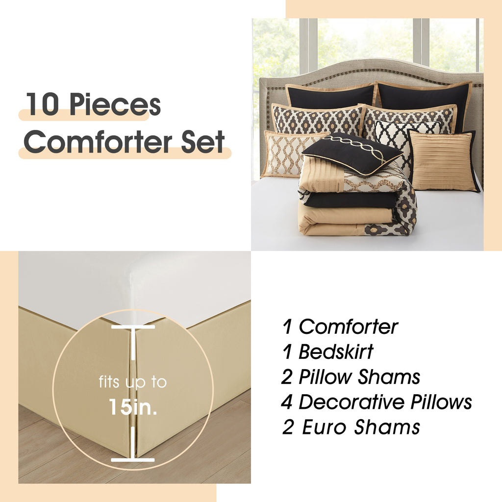 LANCO MODERN LIFESTYLE Queen Comforter Set, Black Gold, 10 Piece Bed in a Bag for All Seasons, Luxury Extreme Comfort Bedding Sets with Bedskirt, Pillow Shams, Euro Shams and Decor Pillows
