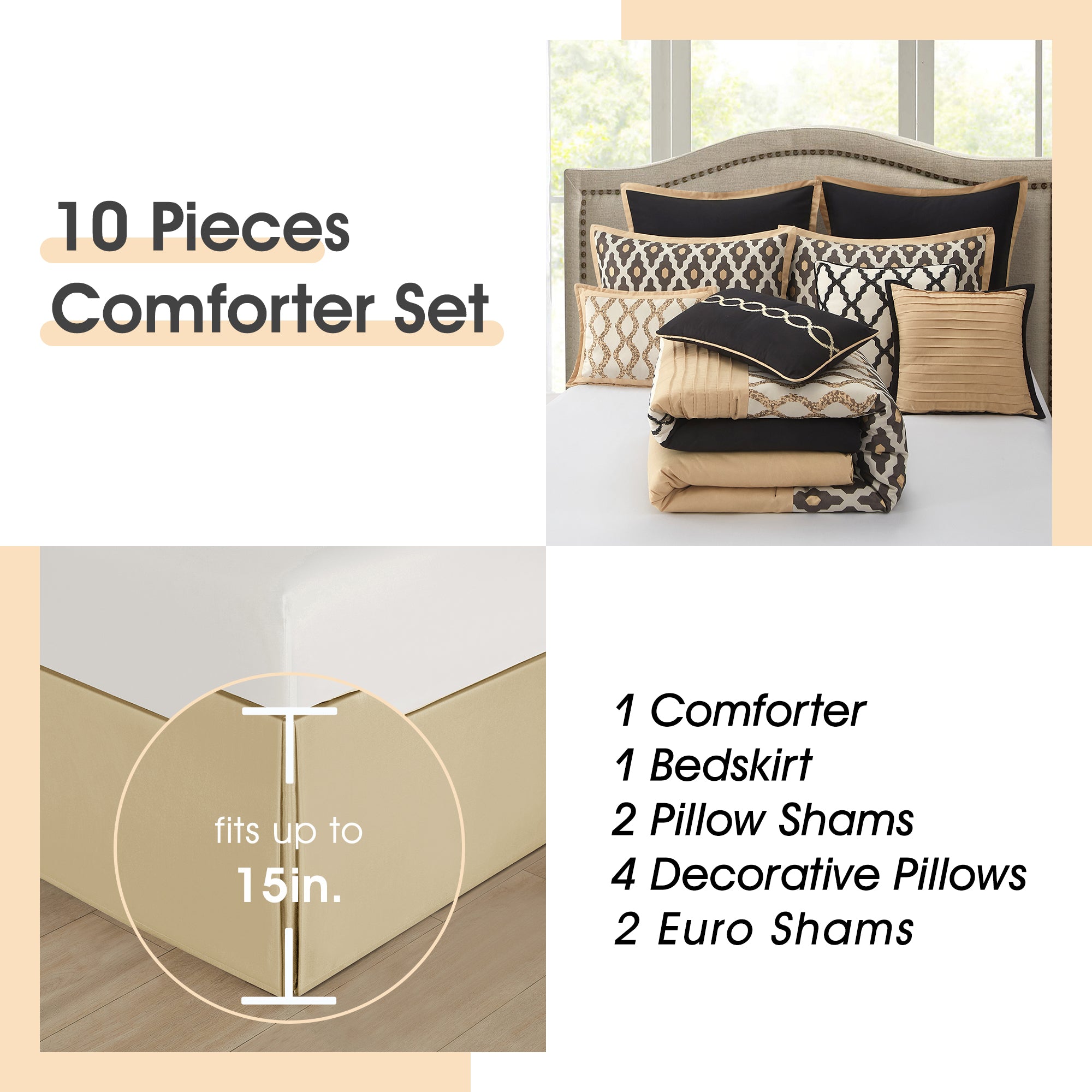 LANCO MODERN LIFESTYLE Queen Comforter Set, Black Gold, 10 Piece Bed in a Bag for All Seasons, Luxury Extreme Comfort Bedding Sets with Bedskirt, Pillow Shams, Euro Shams and Decor Pillows