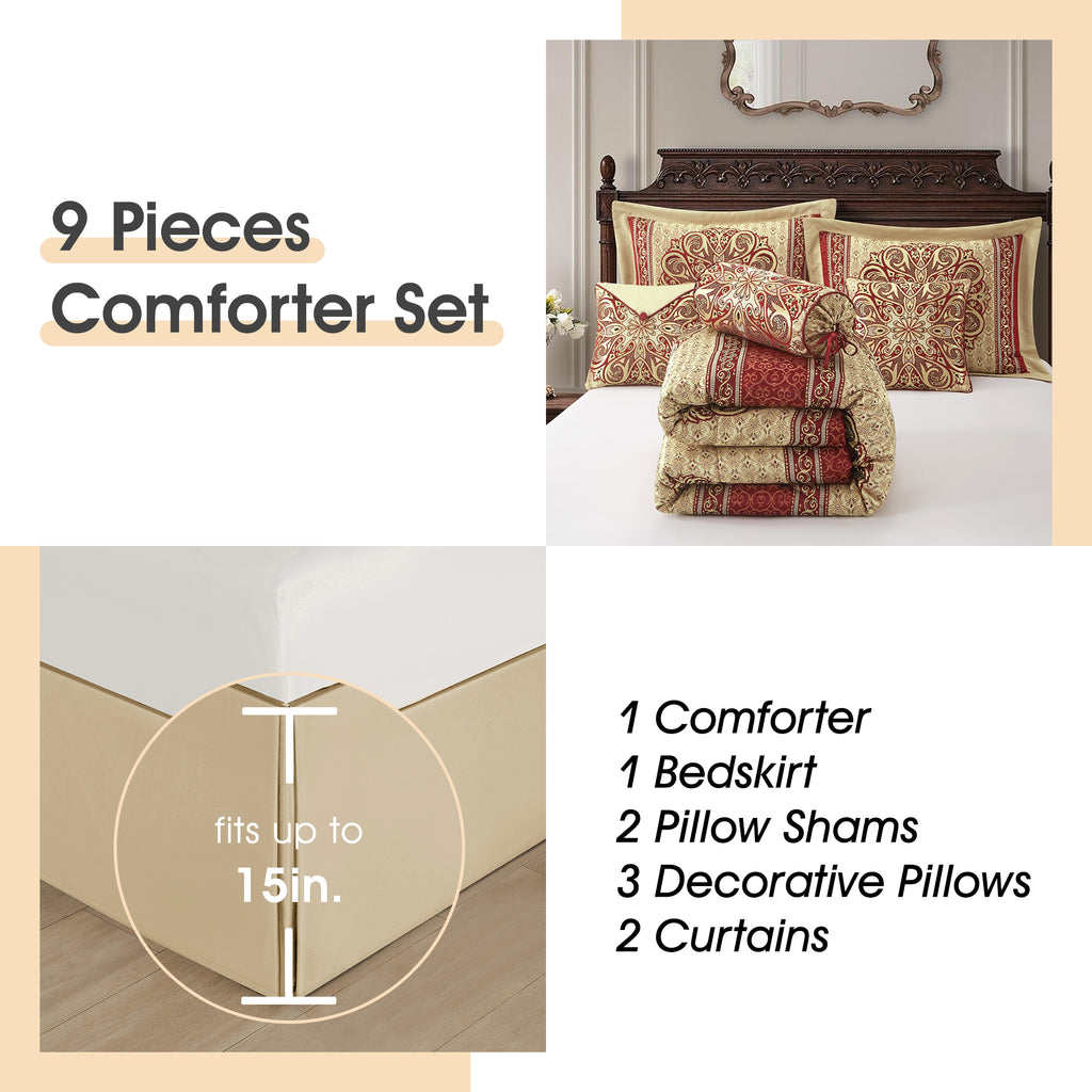 LANCO MODERN LIFESTYLE King Comforter Set, Wine Gold Medallion Jacquard Design, Luxurious Bohemian 9 Pieces Bedding Set with Curtains, Decorative Pillows and Bed Skirt