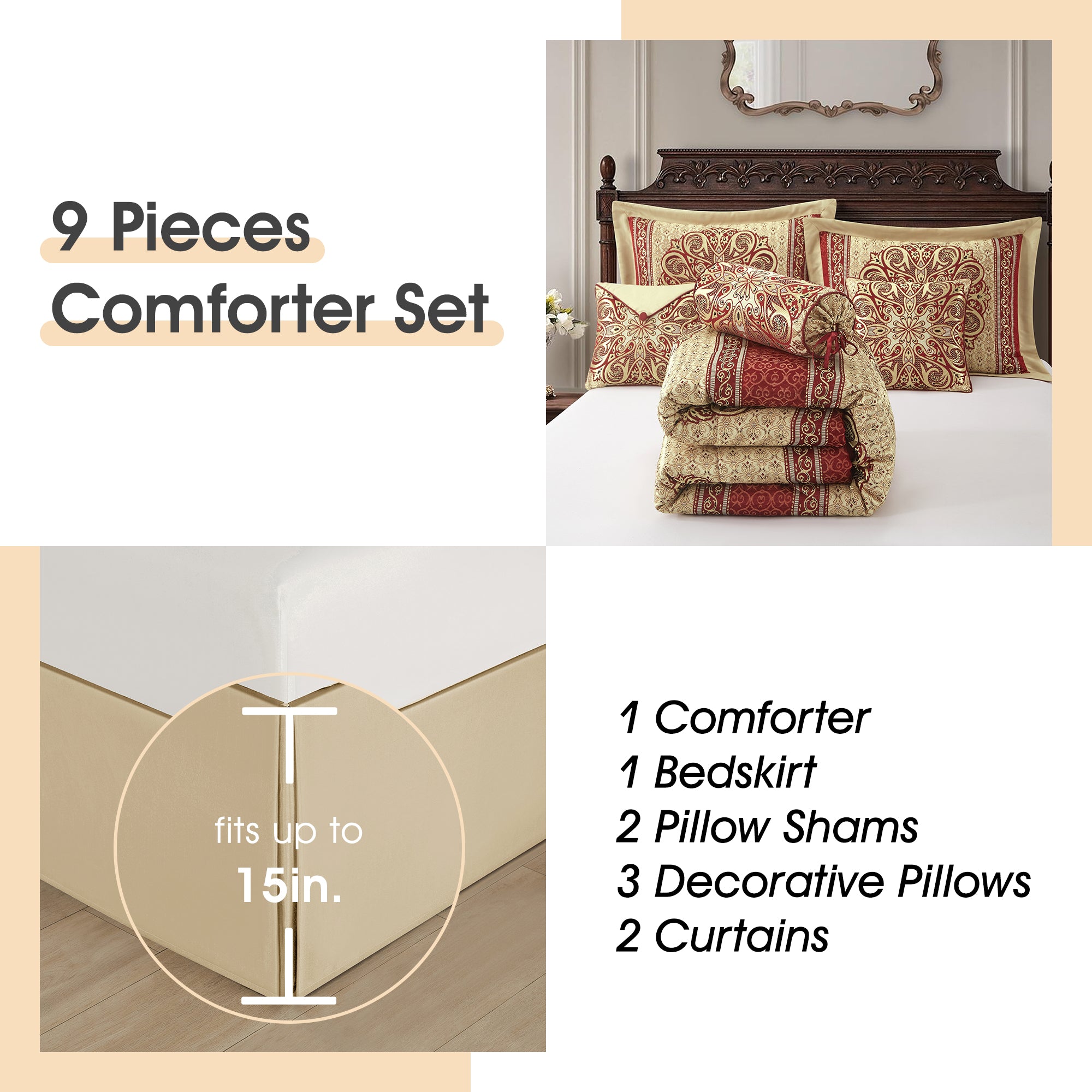 LANCO MODERN LIFESTYLE King Comforter Set, Wine Gold Medallion Jacquard Design, Luxurious Bohemian 9 Pieces Bedding Set with Curtains, Decorative Pillows and Bed Skirt
