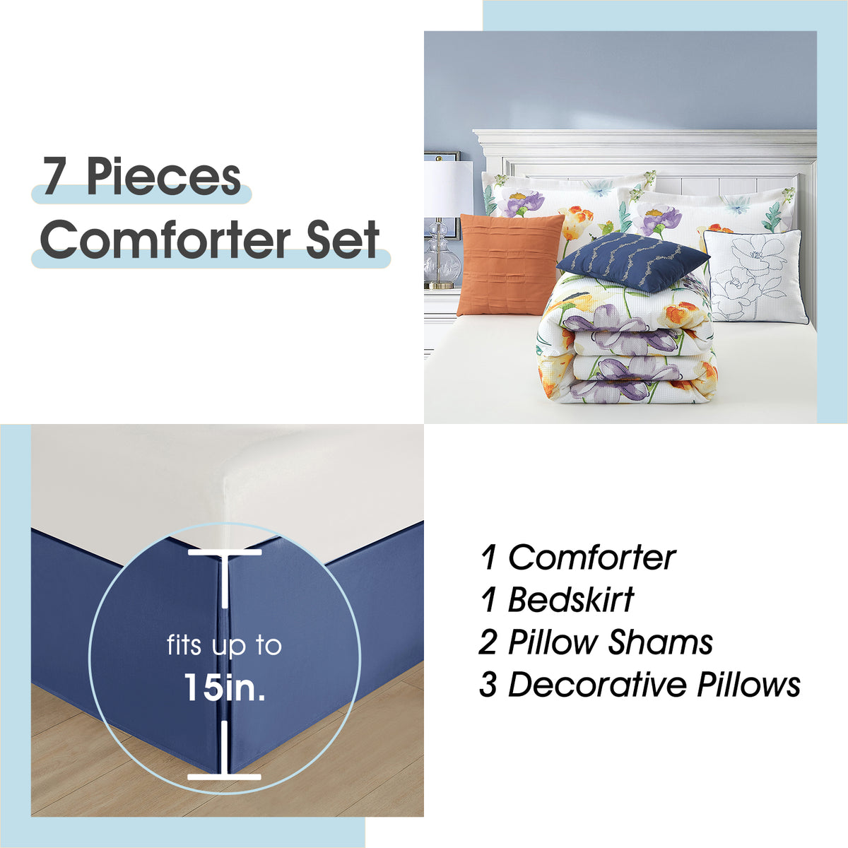 7 Pieces Comforter Set, Multi Watercolor Florals on White, Printed Waffle with Solid Microfiber Piecework, Bed in a Bag, Bedskirt, Pillow Shams and Decor Pillows
