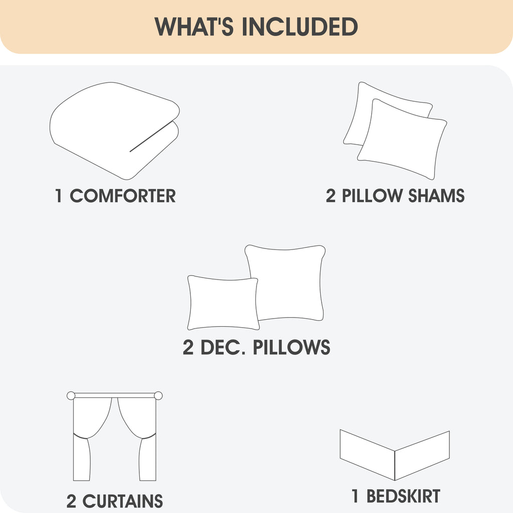 LANCO MODERN LIFESTYLE Grey Yellow 8 Piece Comforter Set, Elegant Floral Jacquard, Ultra Soft Bed Set for All Seasons, Room in a Bag, Include Curtains, Bed Skirt, Pillow Shams & Decor Pillows