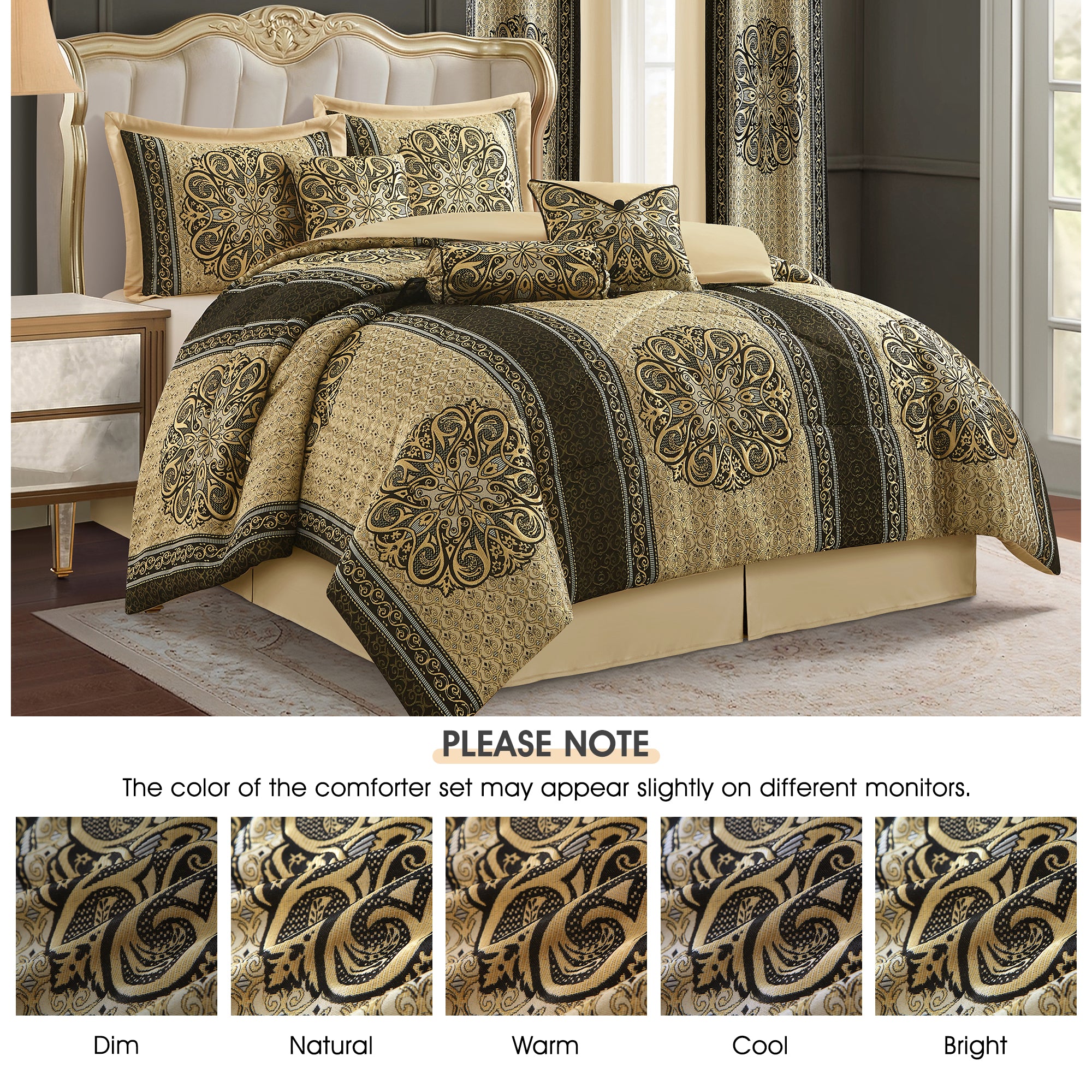 LANCO MODERN LIFESTYLE King Comforter Set, Black Gold Medallion Jacquard Design, Luxurious Bohemian 9 Pieces Bedding Set with Curtains, Decorative Pillows and Bed Skirt