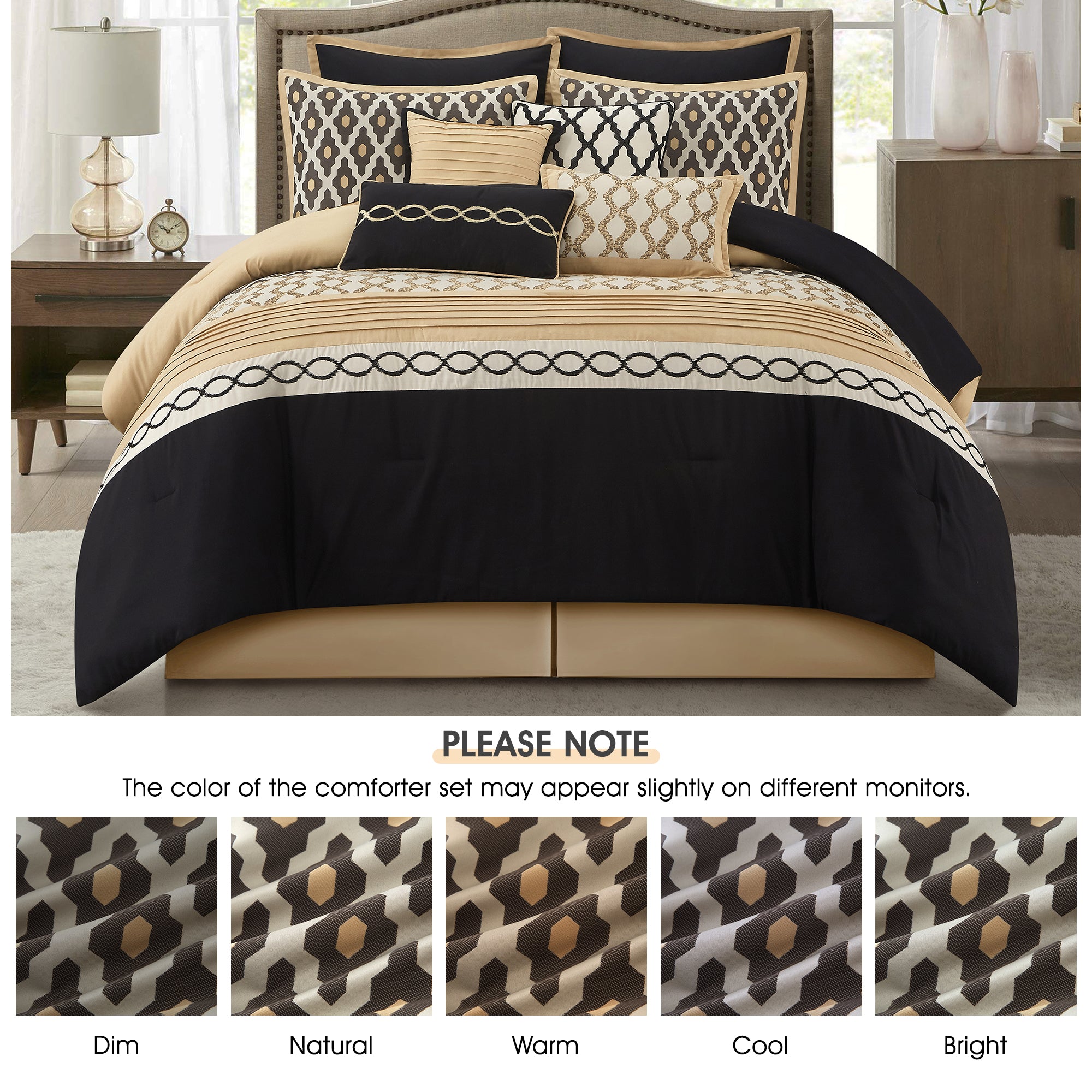 LANCO MODERN LIFESTYLE Queen Comforter Set, Black Gold, 10 Piece Bed in a Bag for All Seasons, Luxury Extreme Comfort Bedding Sets with Bedskirt, Pillow Shams, Euro Shams and Decor Pillows