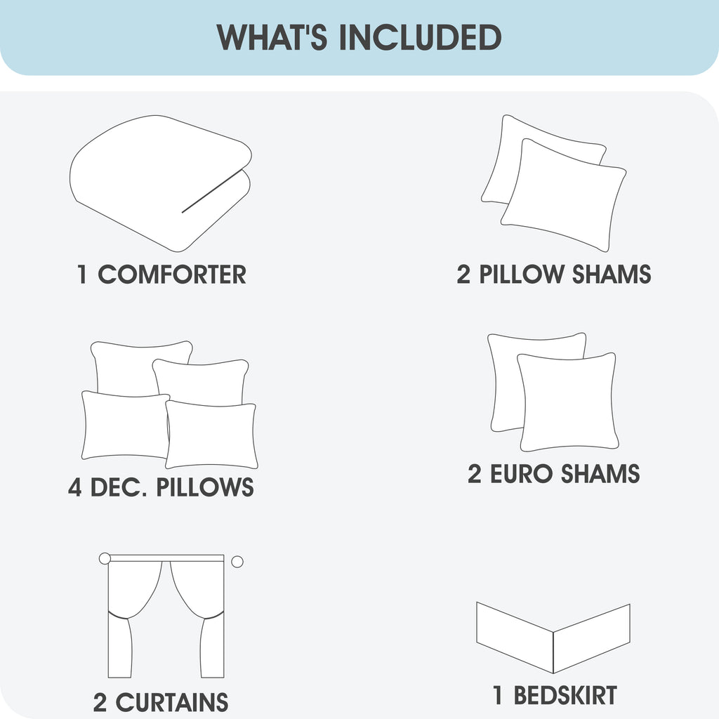 LANCO MODERN LIFESTYLE Comforter Set, Grey Brown, 12 Piece Room in a Bag All Seasons, Luxury Extreme Comfort Bedding Sets with Curtains, Bedskirt, Shams, Euro Shams and Decor Pillows