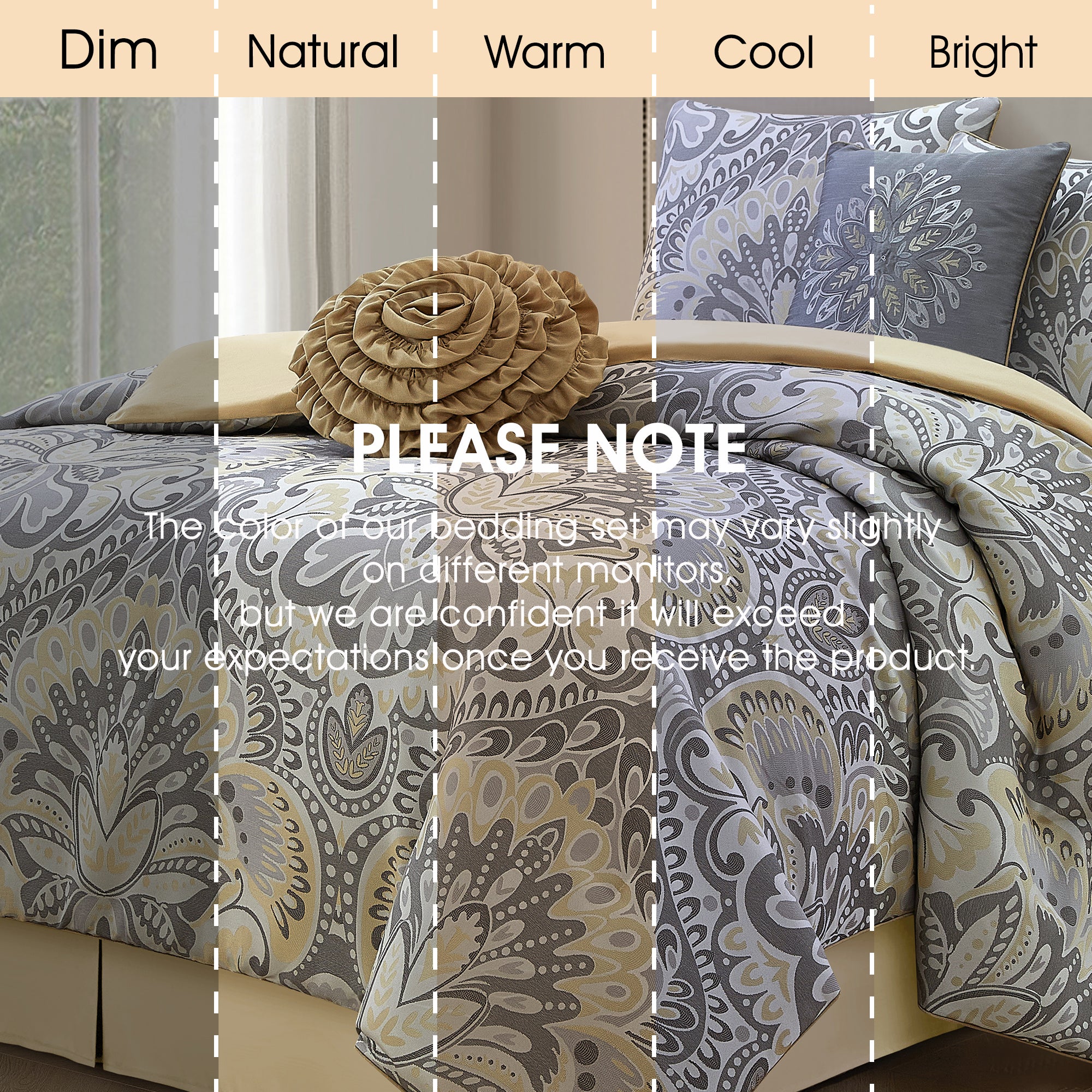 LANCO MODERN LIFESTYLE Grey Yellow 8 Piece Comforter Set, Elegant Floral Jacquard, Ultra Soft Bed Set for All Seasons, Room in a Bag, Include Curtains, Bed Skirt, Pillow Shams & Decor Pillows