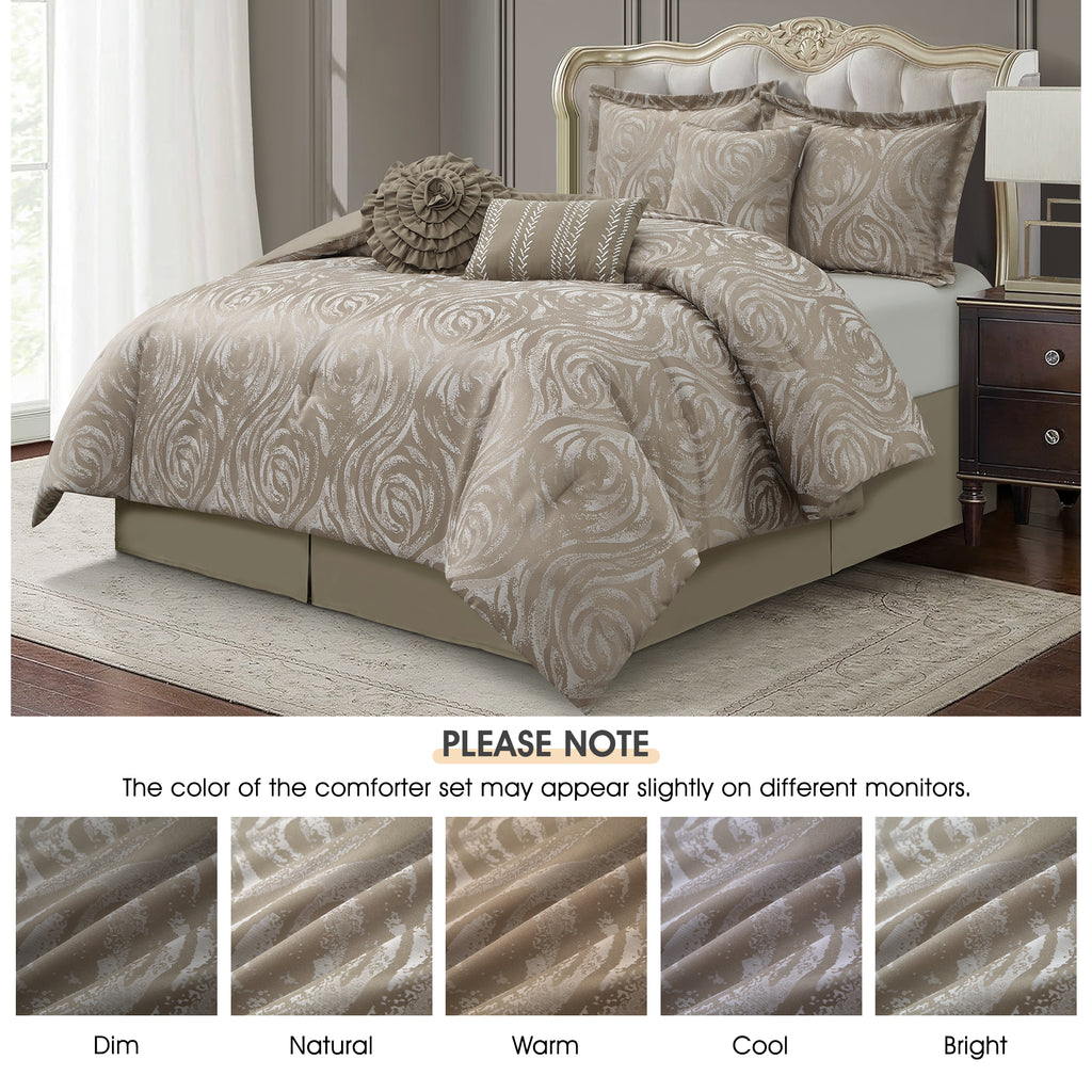 LANCO MODERN LIFESTYLE Alameda 7 Piece Comforter Set, Elegant Floral Jacquard, Ultra Soft Bed Set for All Seasons, Bed in a Bag with Comforter, Bed Skirt, Pillow Shams & Decor Pillows
