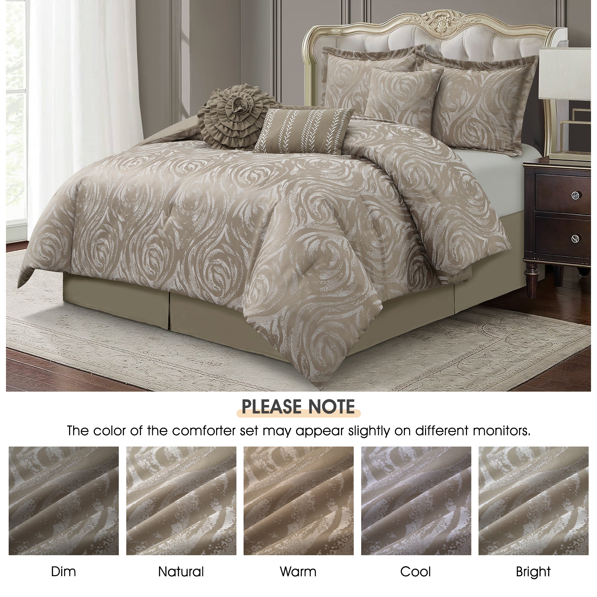 LANCO MODERN LIFESTYLE Alameda 7 Piece Comforter Set, Elegant Floral Jacquard, Ultra Soft Bed Set for All Seasons, Bed in a Bag with Comforter, Bed Skirt, Pillow Shams & Decor Pillows