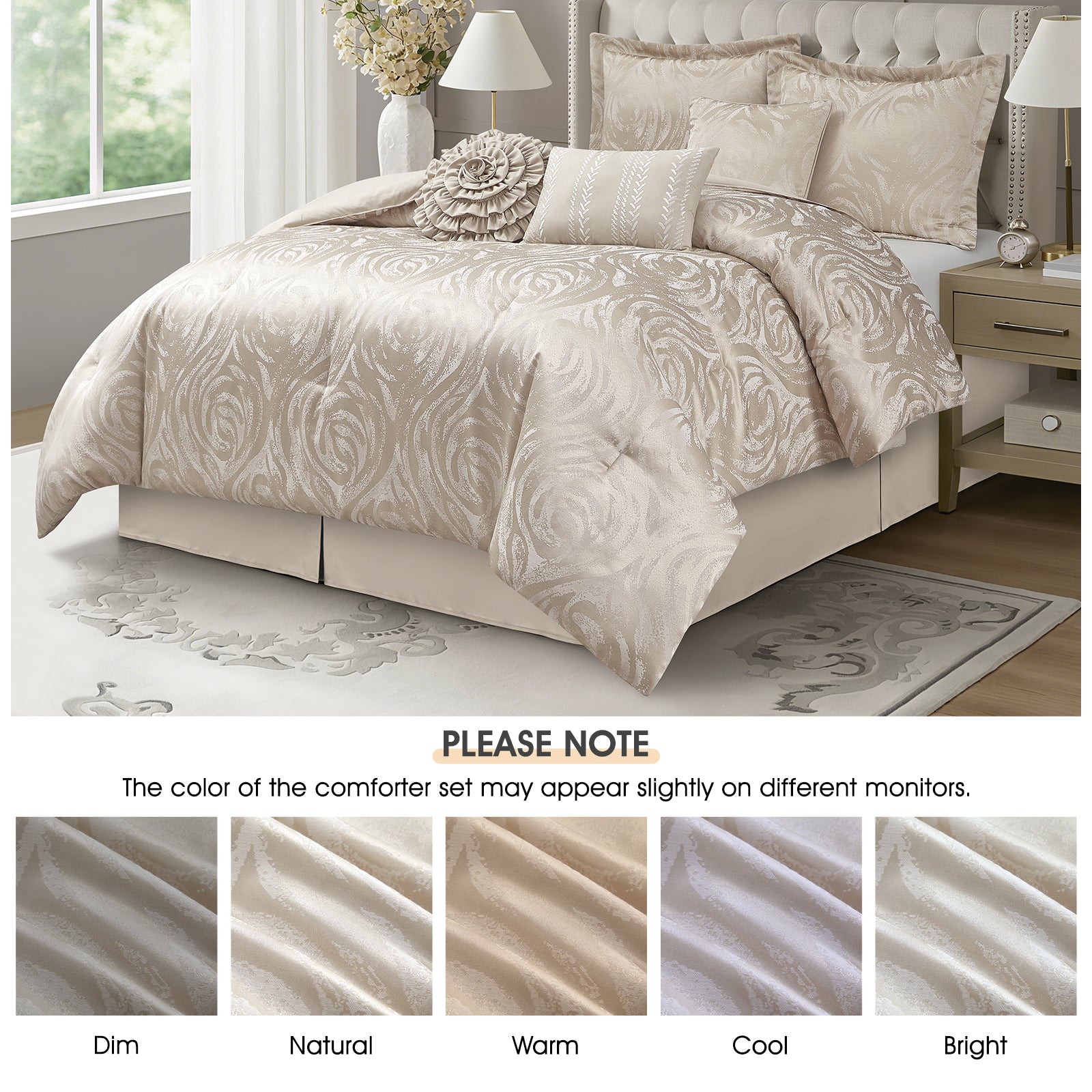 LANCO MODERN LIFESTYLE Alameda 7 Piece Comforter Set, Elegant Floral Jacquard, Ultra Soft Bed Set for All Seasons, Bed in a Bag with Comforter, Bed Skirt, Pillow Shams & Decor Pillows