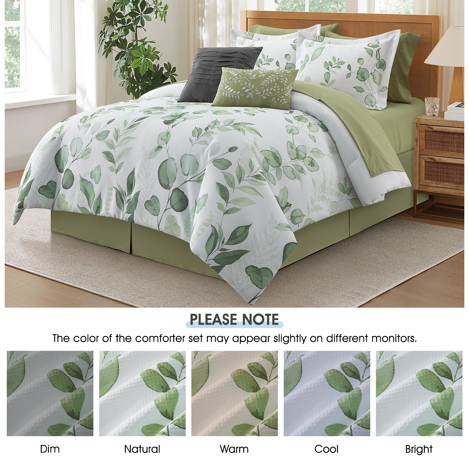 LANCO MODERN LIFESTYLE White Green Leaf Print 10 Piece Comforter Set