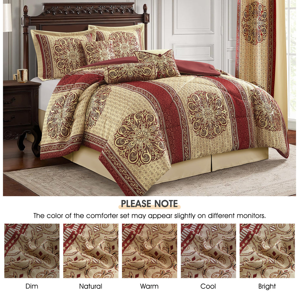 LANCO MODERN LIFESTYLE King Comforter Set, Wine Gold Medallion Jacquard Design, Luxurious Bohemian 9 Pieces Bedding Set with Curtains, Decorative Pillows and Bed Skirt
