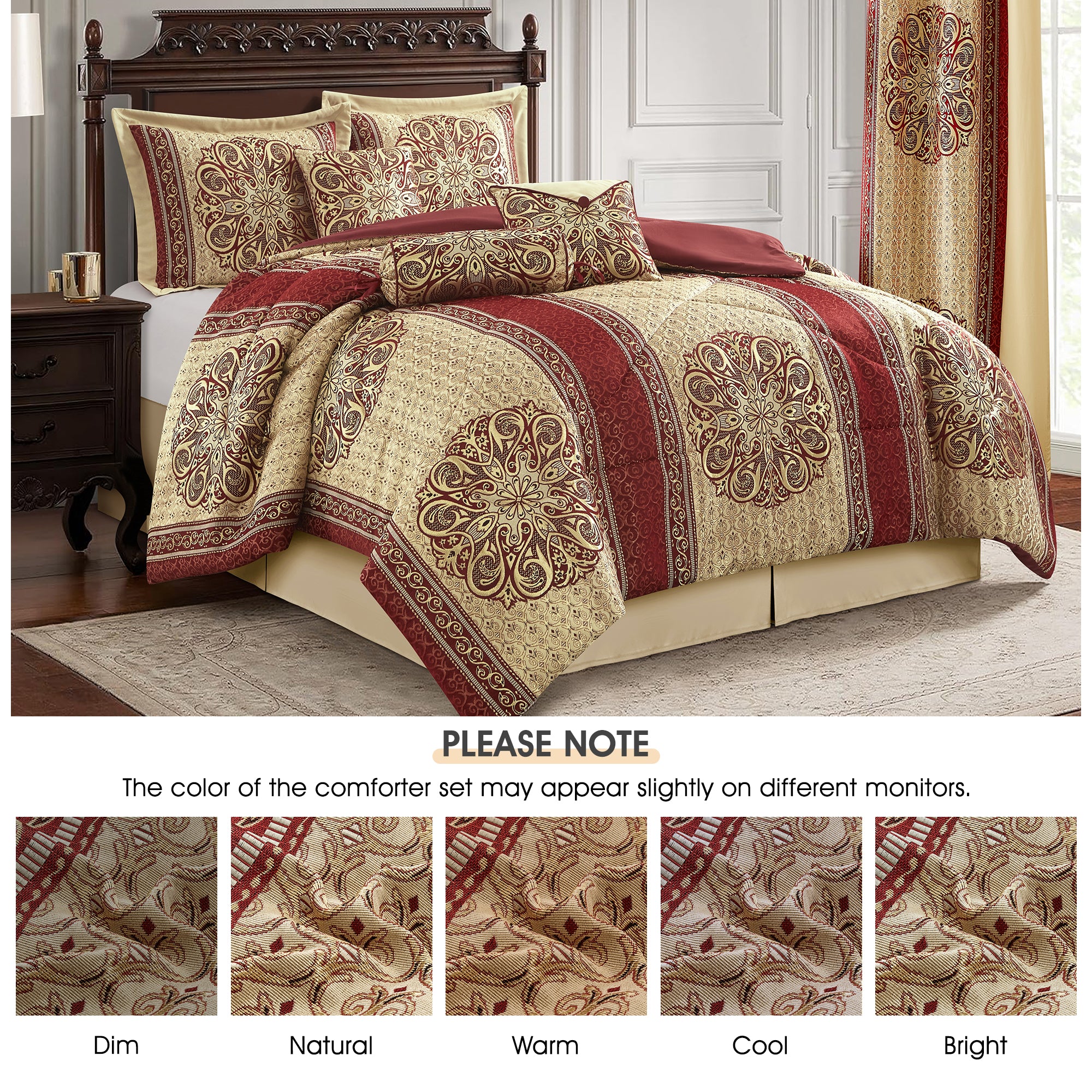 LANCO MODERN LIFESTYLE King Comforter Set, Wine Gold Medallion Jacquard Design, Luxurious Bohemian 9 Pieces Bedding Set with Curtains, Decorative Pillows and Bed Skirt