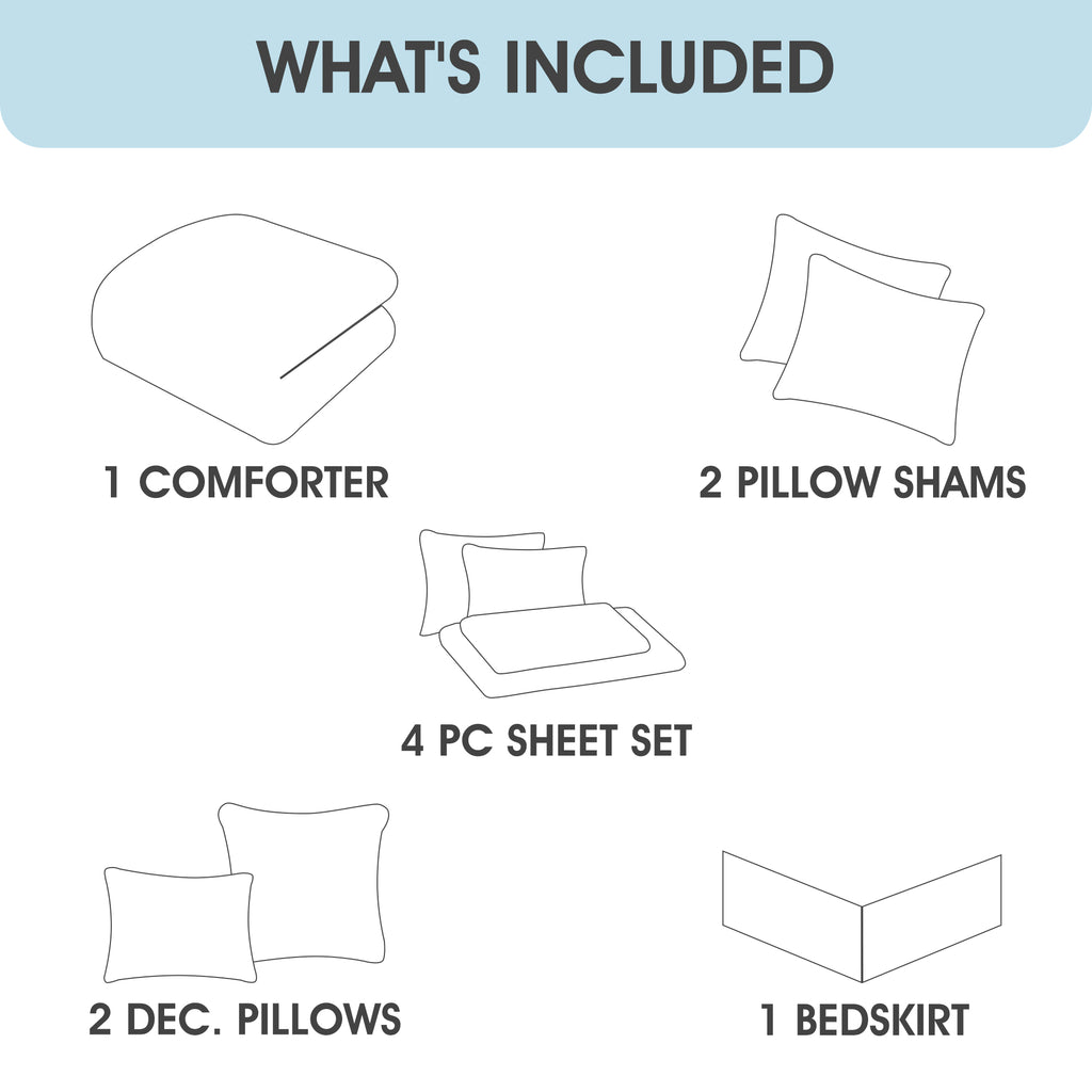 LANCO MODERN LIFESTYLE 10 Piece Comforter Set, Green White, Microfiber Print Leaves Patterns, All Seasons Bedding Set with Sheets, Pillow Cases and Shams, Bedskirt, Decor Pillows