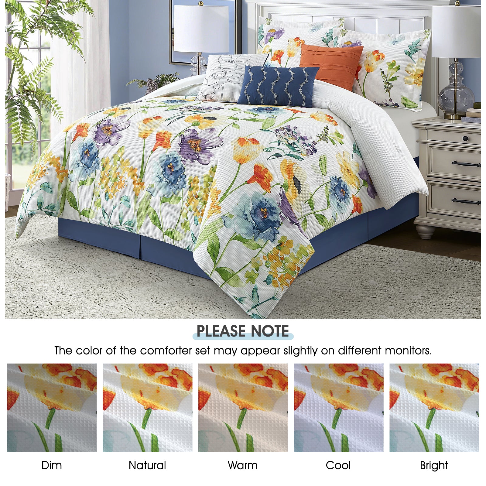 7 Pieces Comforter Set, Multi Watercolor Florals on White, Printed Waffle with Solid Microfiber Piecework, Bed in a Bag, Bedskirt, Pillow Shams and Decor Pillows
