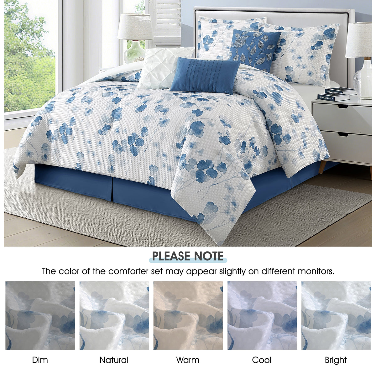 LANCO MODERN LIFESTYLE 7 Pieces Comforter Set, Blue Watercolor Florals on White, Printed Waffle with Solid Microfiber Piecework, Bed in a Bag, Bedskirt, Pillow Shams and Decor Pillows