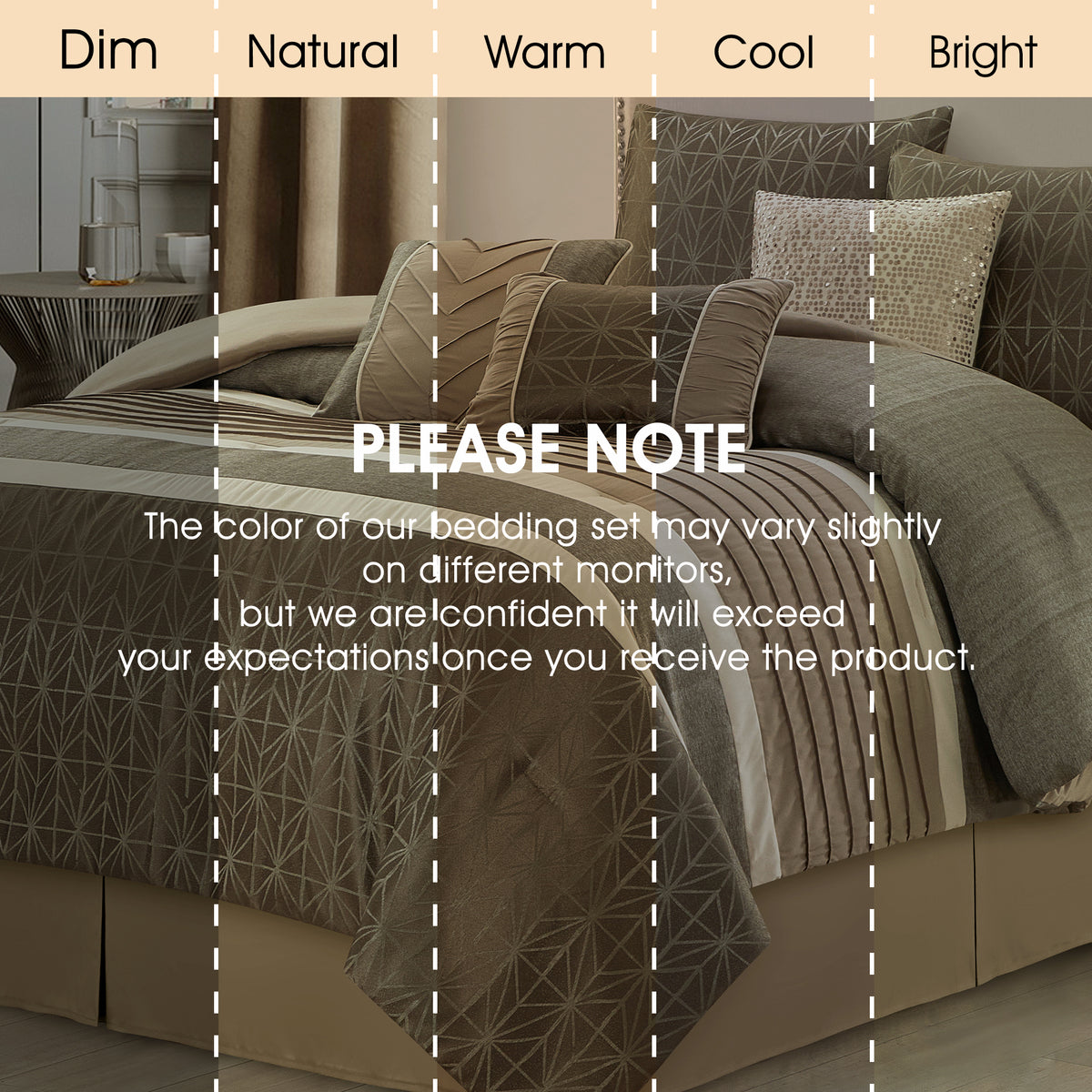 LANCO MODERN LIFESTYLE Comforter Set, Taupe, Geometric Jacquard with Solid Patchwork, 9 Piece Luxury Bed Set with Comforter, Pillow Shams, Bed Skirt, Decor Pillows and Curtains
