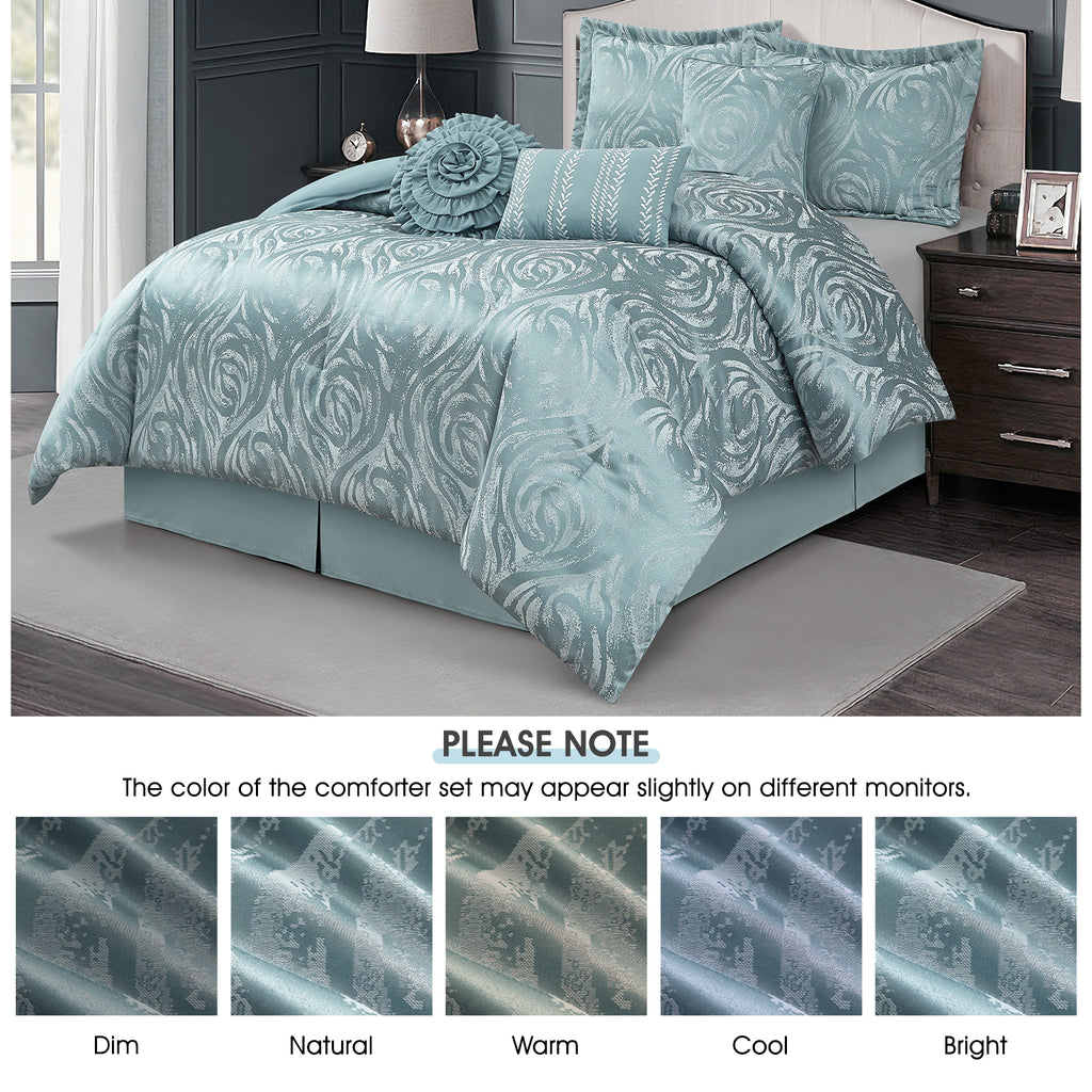 LANCO MODERN LIFESTYLE Alameda 7 Piece Comforter Set, Elegant Floral Jacquard, Ultra Soft Bed Set for All Seasons, Bed in a Bag with Comforter, Bed Skirt, Pillow Shams & Decor Pillows