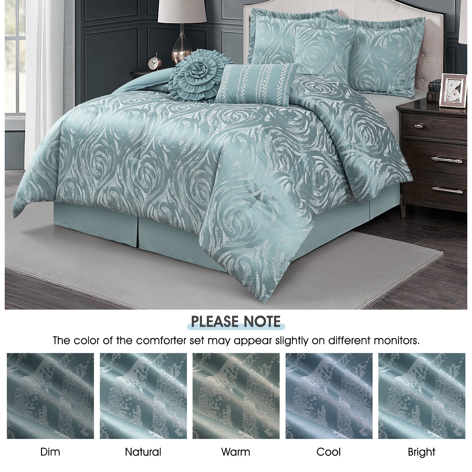 LANCO MODERN LIFESTYLE Alameda 7 Piece Comforter Set, Elegant Floral Jacquard, Ultra Soft Bed Set for All Seasons, Bed in a Bag with Comforter, Bed Skirt, Pillow Shams & Decor Pillows