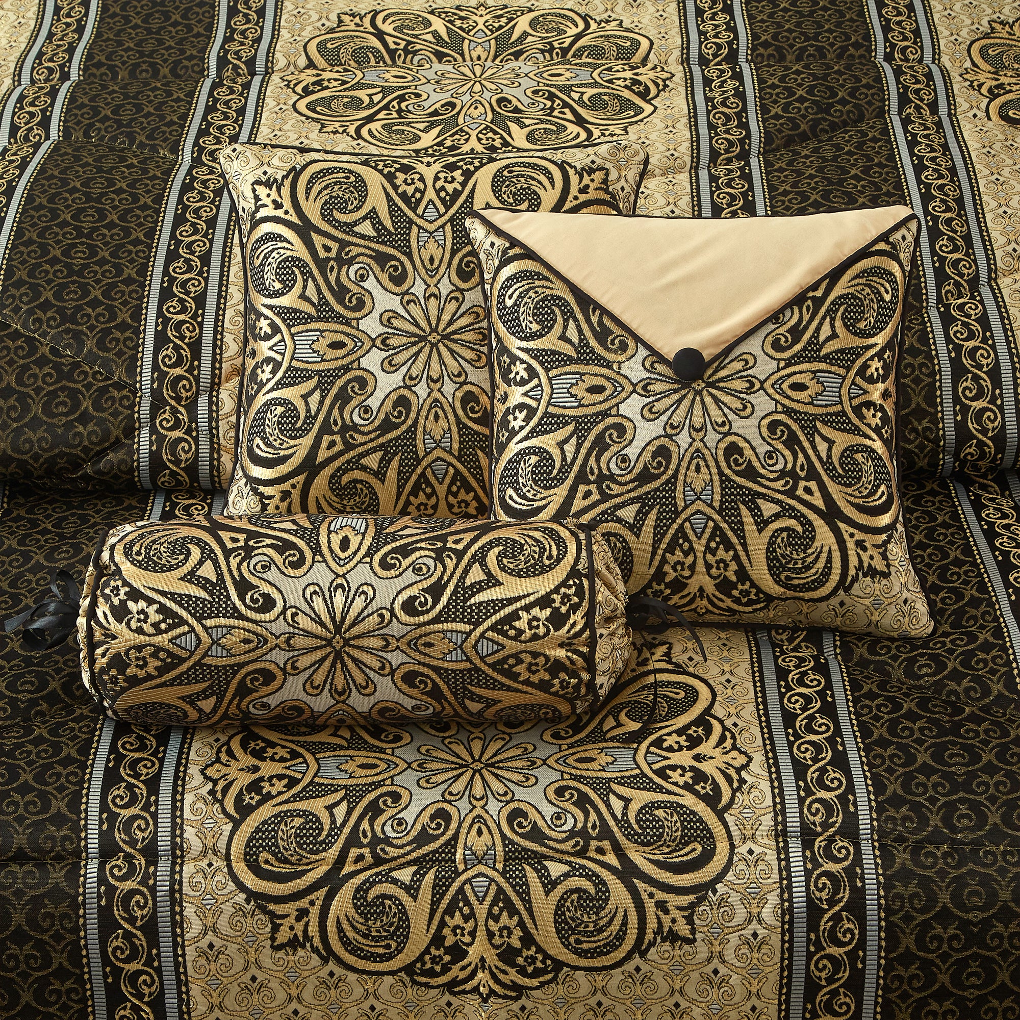 LANCO MODERN LIFESTYLE King Comforter Set, Black Gold Medallion Jacquard Design, Luxurious Bohemian 9 Pieces Bedding Set with Curtains, Decorative Pillows and Bed Skirt