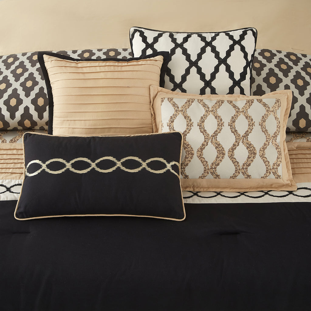 LANCO MODERN LIFESTYLE Queen Comforter Set, Black Gold, 10 Piece Bed in a Bag for All Seasons, Luxury Extreme Comfort Bedding Sets with Bedskirt, Pillow Shams, Euro Shams and Decor Pillows