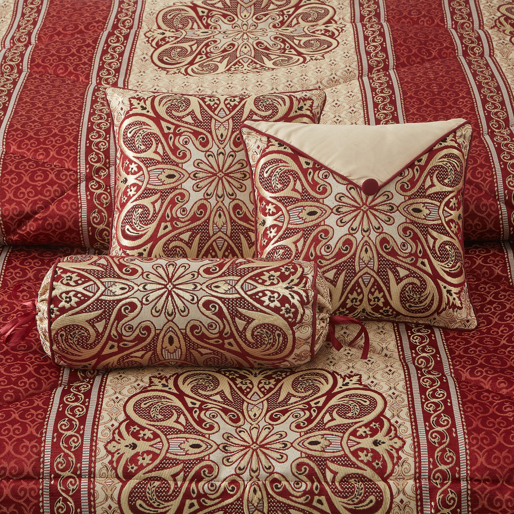 LANCO MODERN LIFESTYLE King Comforter Set, Wine Gold Medallion Jacquard Design, Luxurious Bohemian 9 Pieces Bedding Set with Curtains, Decorative Pillows and Bed Skirt
