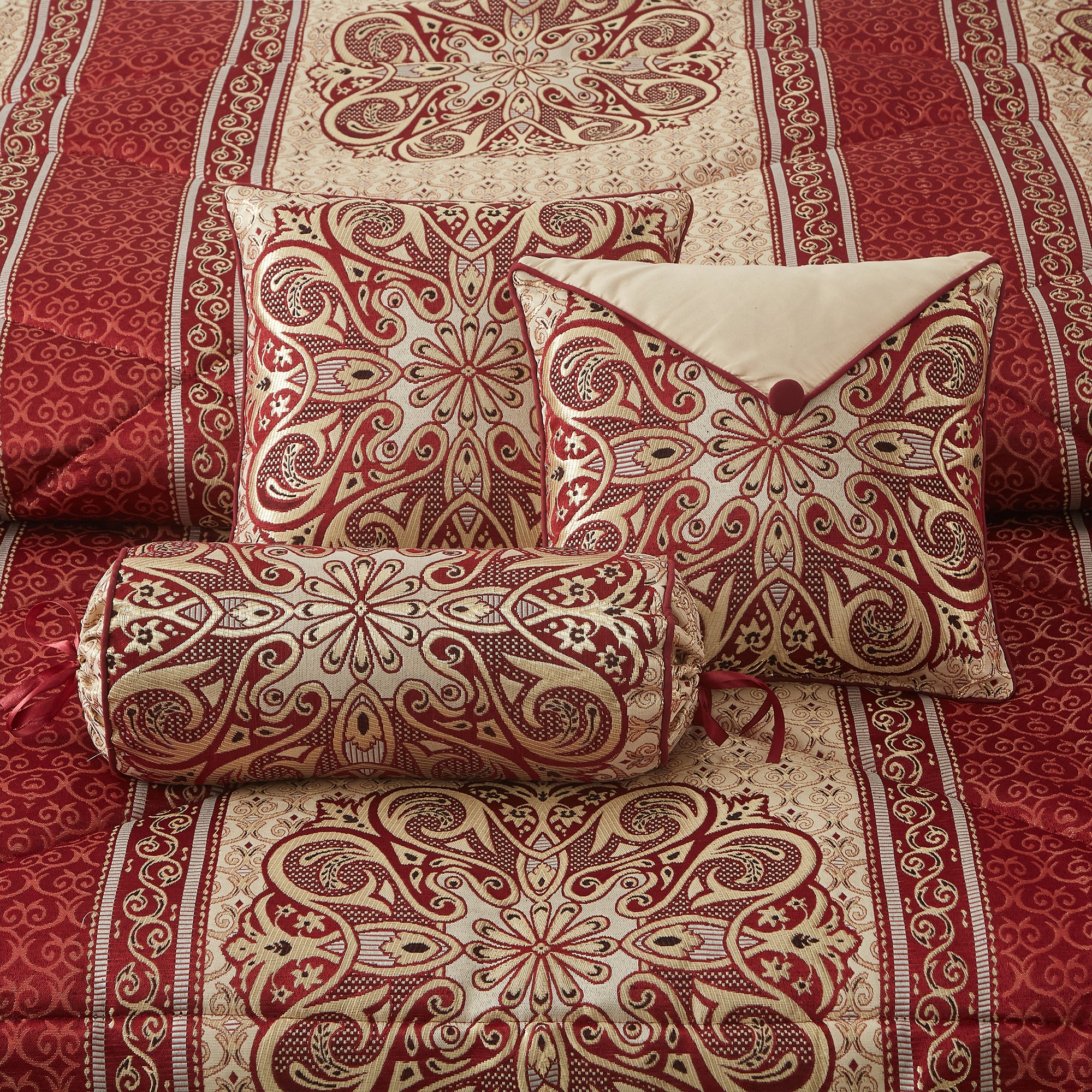 LANCO MODERN LIFESTYLE King Comforter Set, Wine Gold Medallion Jacquard Design, Luxurious Bohemian 9 Pieces Bedding Set with Curtains, Decorative Pillows and Bed Skirt