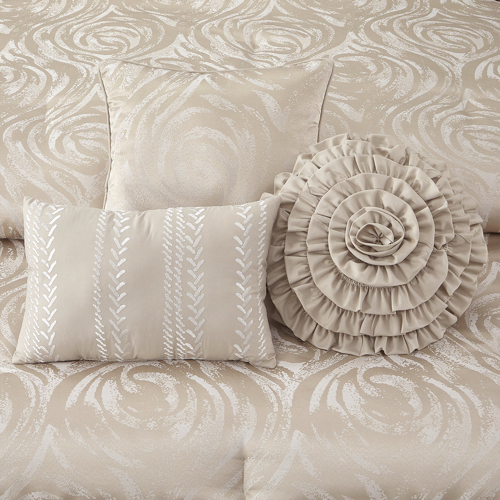 LANCO MODERN LIFESTYLE Alameda 7 Piece Comforter Set, Elegant Floral Jacquard, Ultra Soft Bed Set for All Seasons, Bed in a Bag with Comforter, Bed Skirt, Pillow Shams & Decor Pillows
