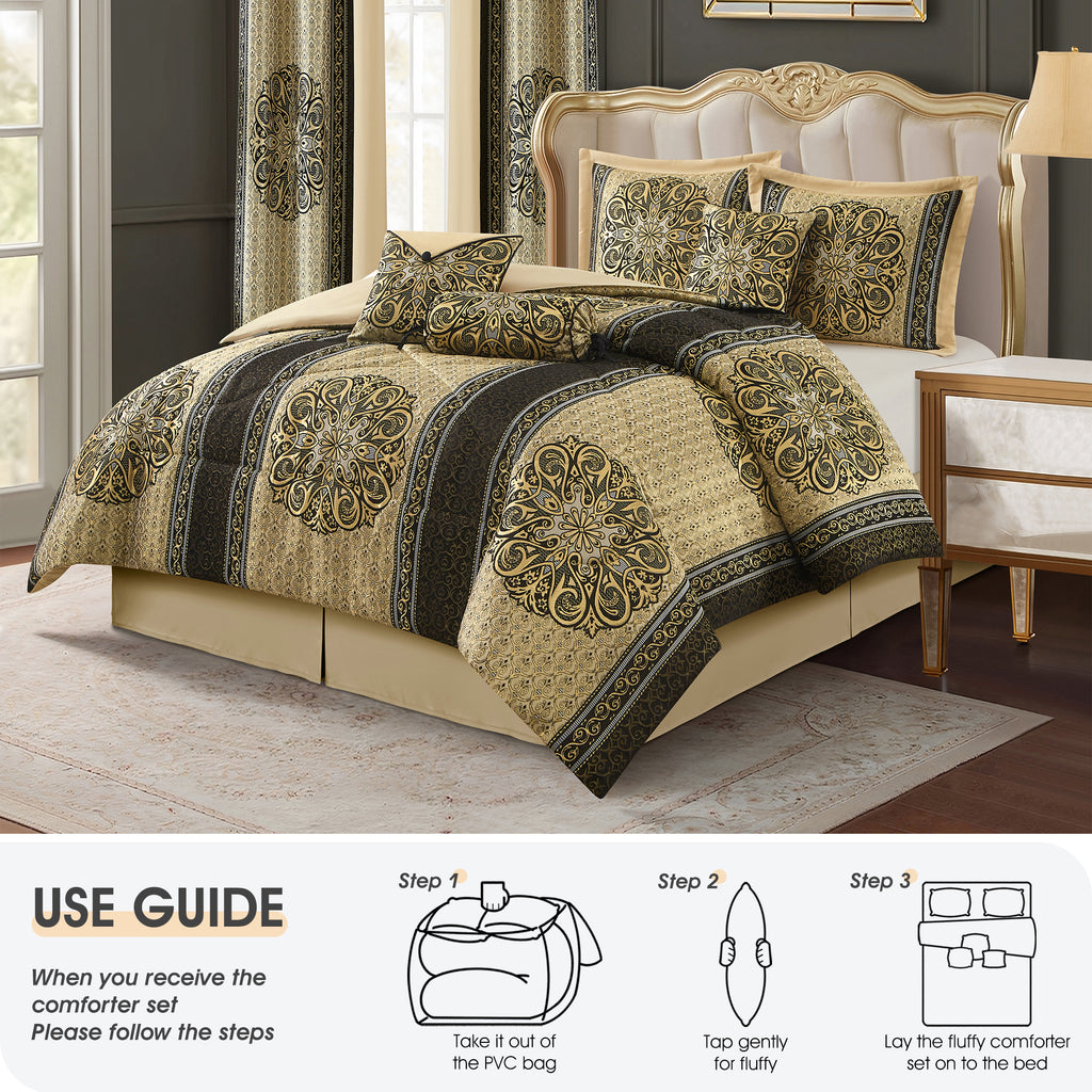 LANCO MODERN LIFESTYLE King Comforter Set, Black Gold Medallion Jacquard Design, Luxurious Bohemian 9 Pieces Bedding Set with Curtains, Decorative Pillows and Bed Skirt
