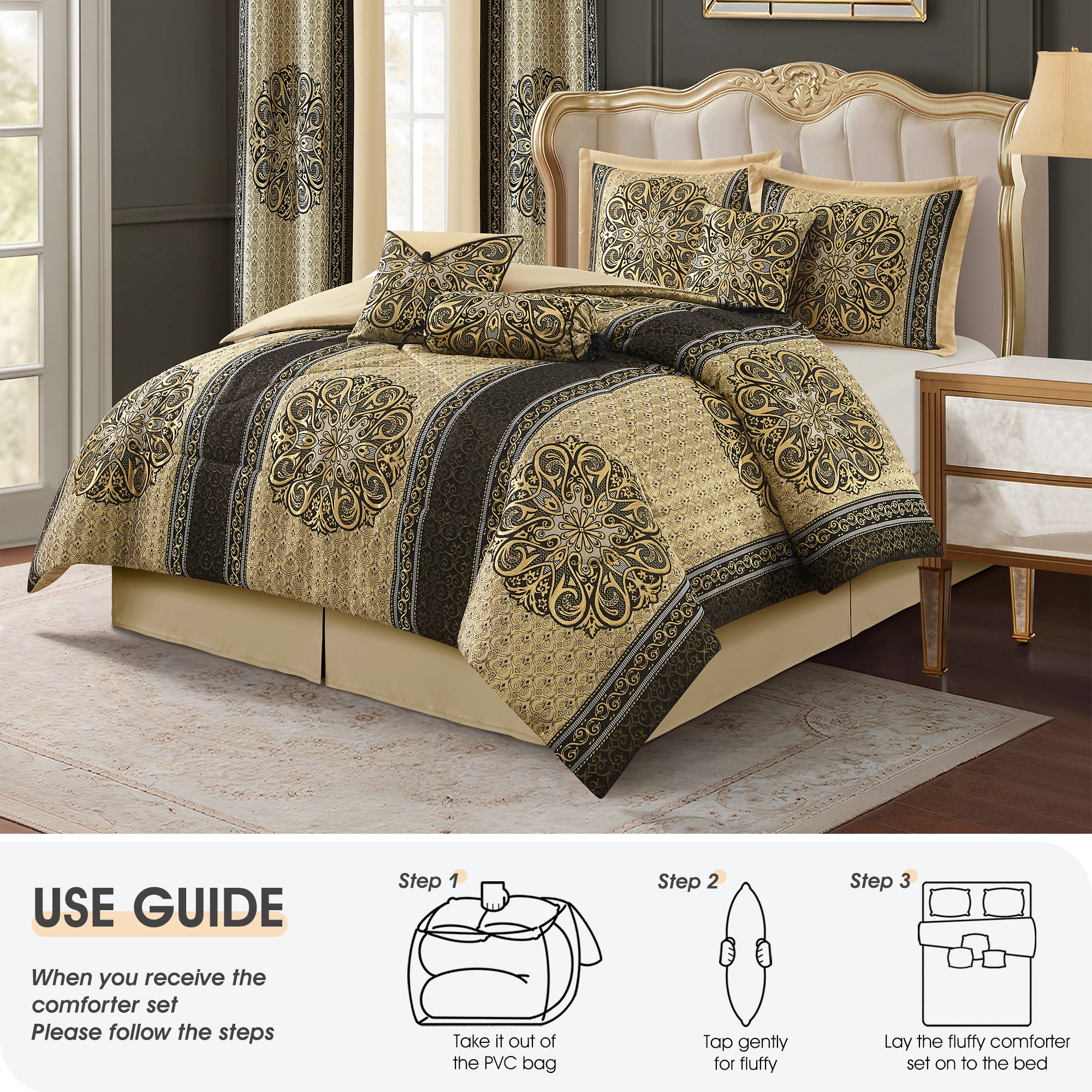 LANCO MODERN LIFESTYLE King Comforter Set, Black Gold Medallion Jacquard Design, Luxurious Bohemian 9 Pieces Bedding Set with Curtains, Decorative Pillows and Bed Skirt
