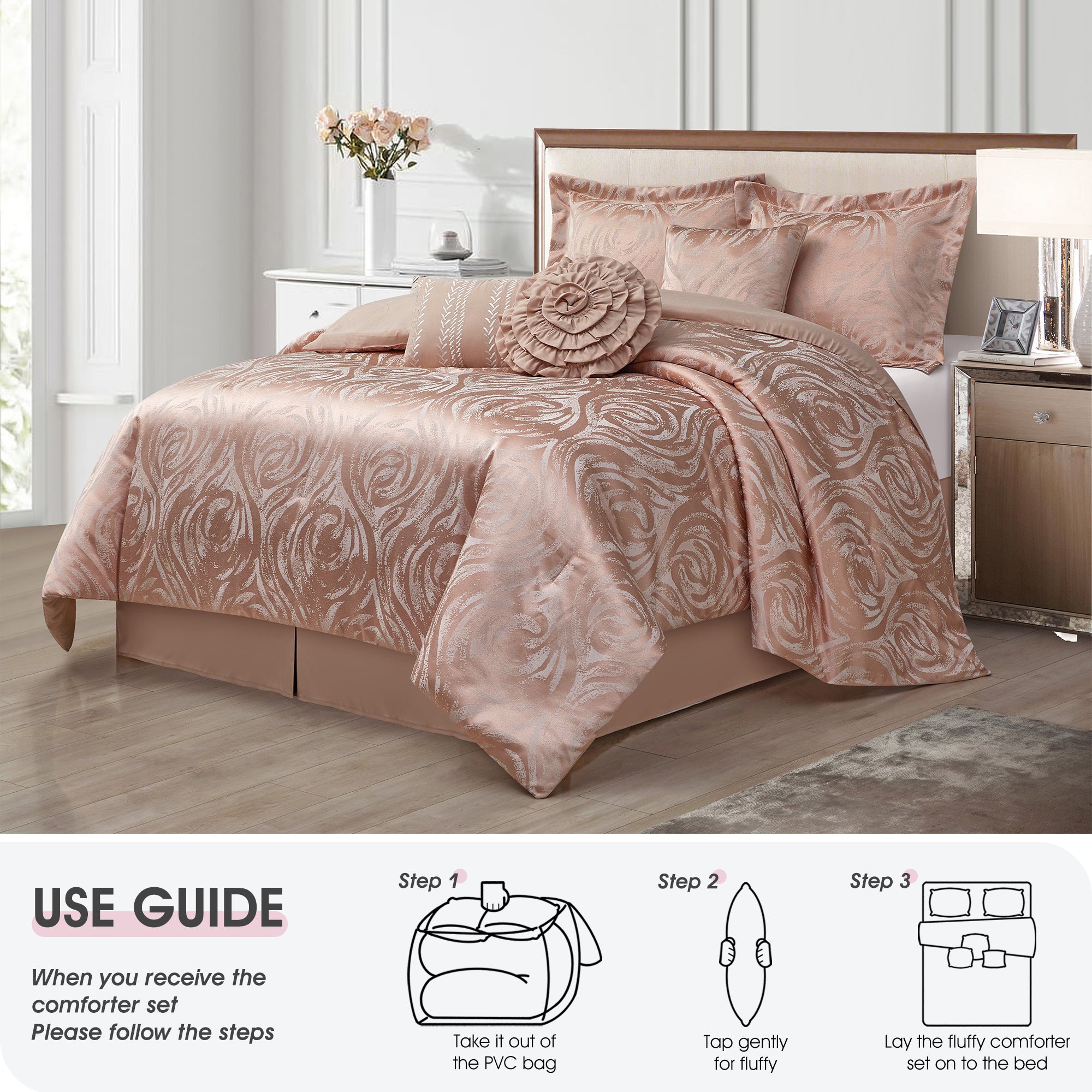 LANCO MODERN LIFESTYLE Alameda 7 Piece Comforter Set, Elegant Floral Jacquard, Ultra Soft Bed Set for All Seasons, Bed in a Bag with Comforter, Bed Skirt, Pillow Shams & Decor Pillows
