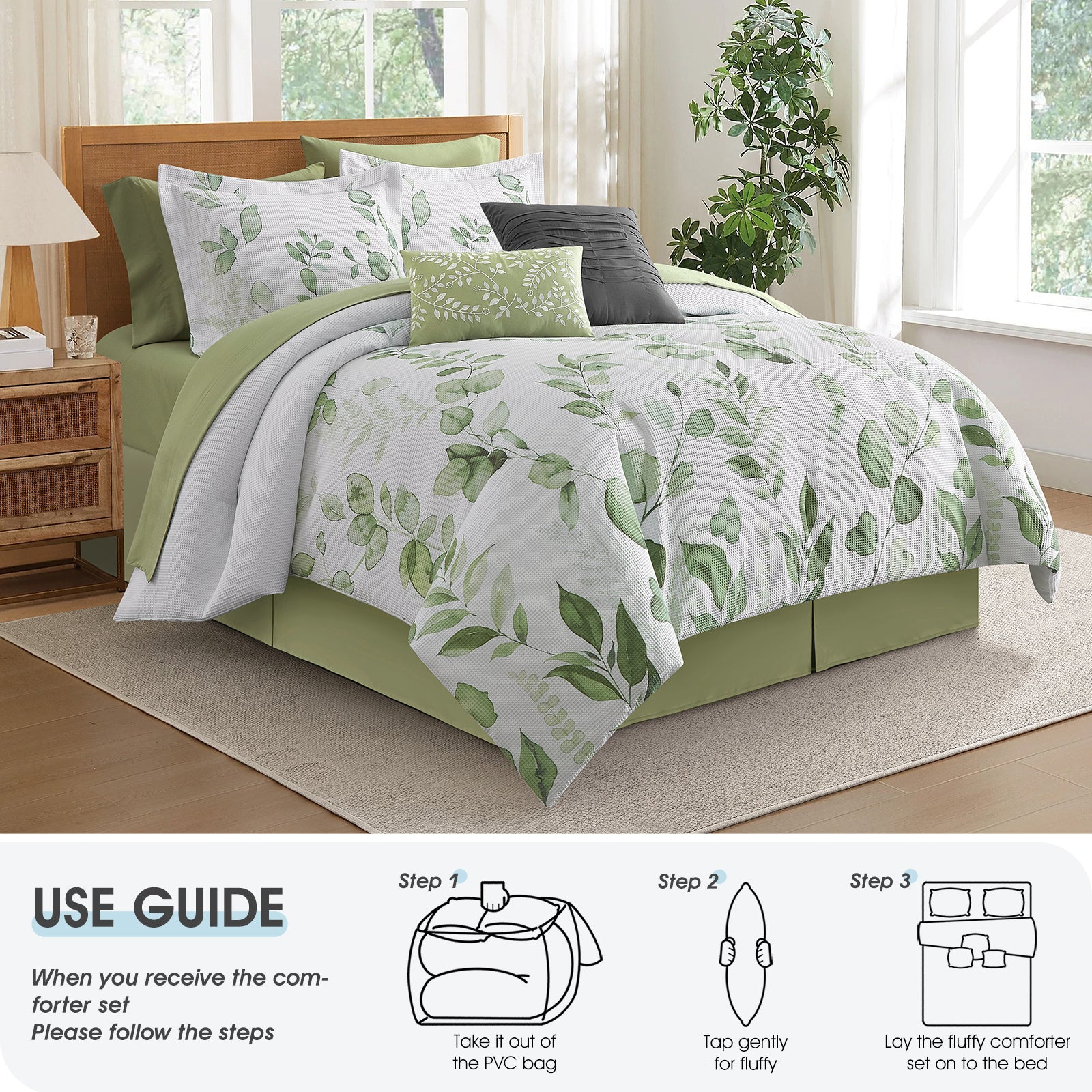 LANCO MODERN LIFESTYLE White Green Leaf Print 10 Piece Comforter Set