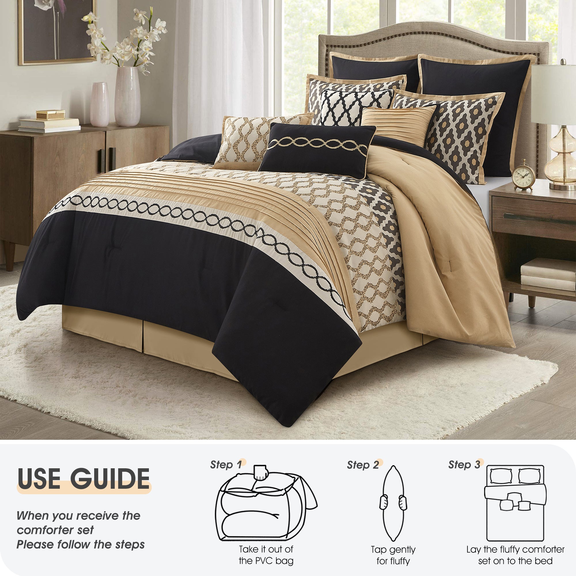 LANCO MODERN LIFESTYLE Queen Comforter Set, Black Gold, 10 Piece Bed in a Bag for All Seasons, Luxury Extreme Comfort Bedding Sets with Bedskirt, Pillow Shams, Euro Shams and Decor Pillows