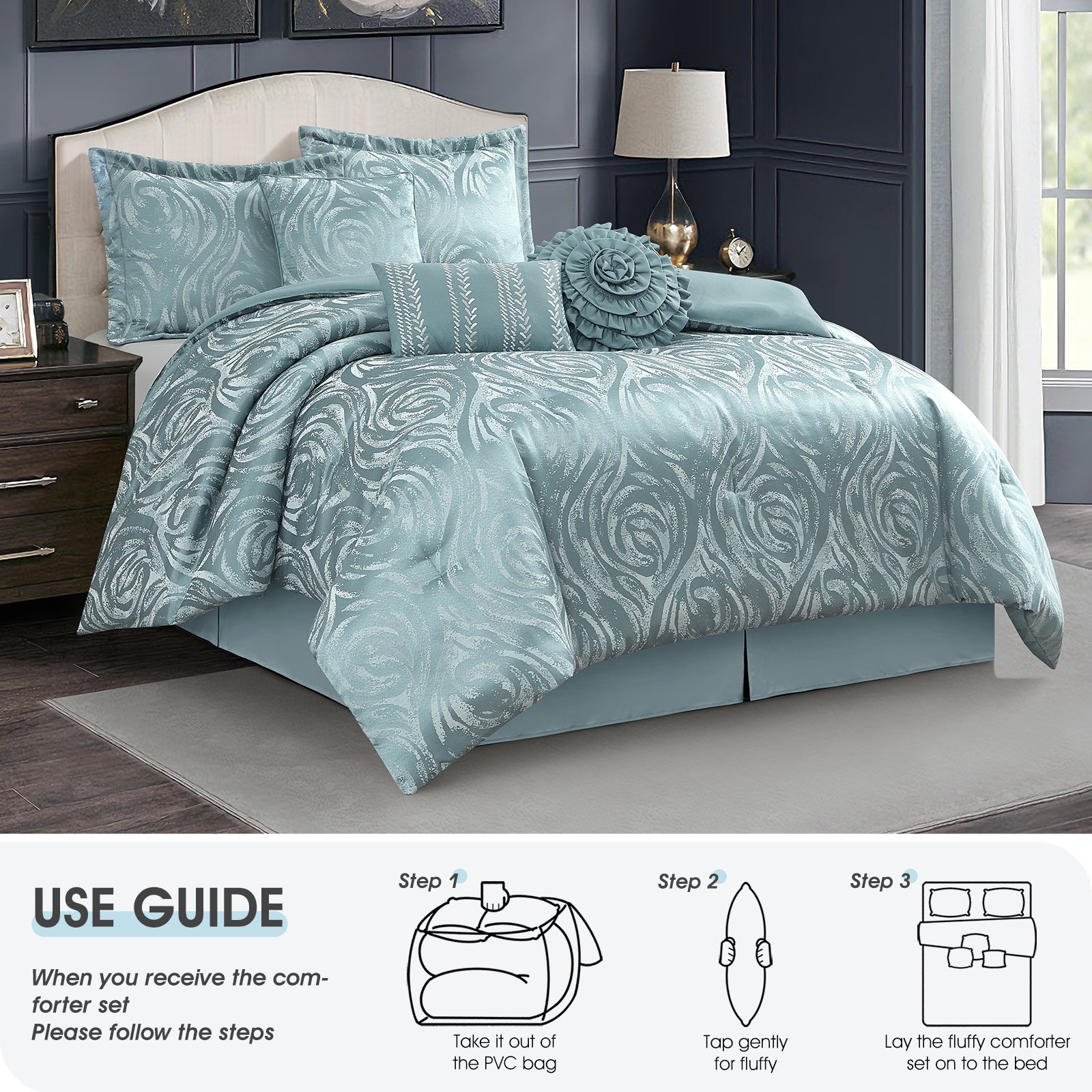 LANCO MODERN LIFESTYLE Alameda 7 Piece Comforter Set, Elegant Floral Jacquard, Ultra Soft Bed Set for All Seasons, Bed in a Bag with Comforter, Bed Skirt, Pillow Shams & Decor Pillows