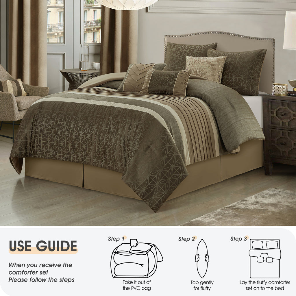 LANCO MODERN LIFESTYLE Comforter Set, Taupe, Geometric Jacquard with Solid Patchwork, 9 Piece Luxury Bed Set with Comforter, Pillow Shams, Bed Skirt, Decor Pillows and Curtains