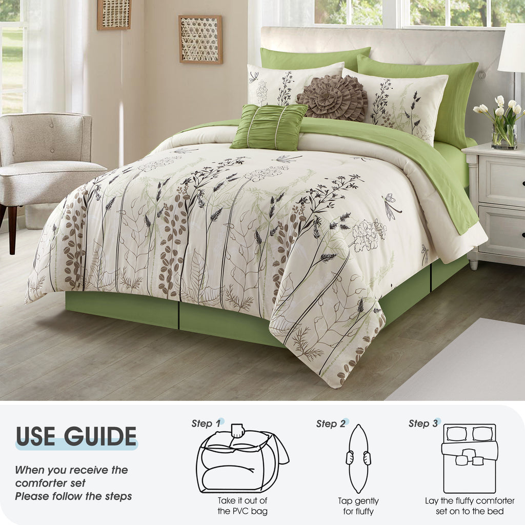 LANCO MODERN LIFESTYLE 10 Piece Comforter Set, Green White, Microfiber Print Leaves Patterns, All Seasons Bedding Set with Sheets, Pillow Cases and Shams, Bedskirt, Decor Pillows