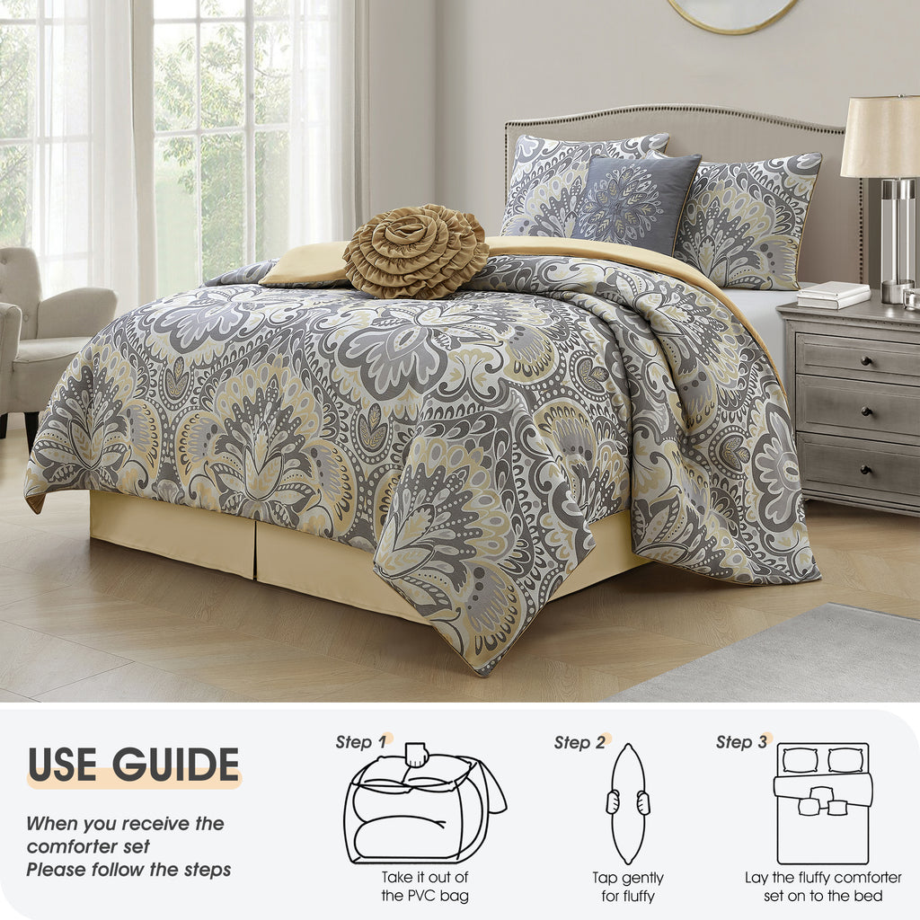 LANCO MODERN LIFESTYLE Grey Yellow 8 Piece Comforter Set, Elegant Floral Jacquard, Ultra Soft Bed Set for All Seasons, Room in a Bag, Include Curtains, Bed Skirt, Pillow Shams & Decor Pillows