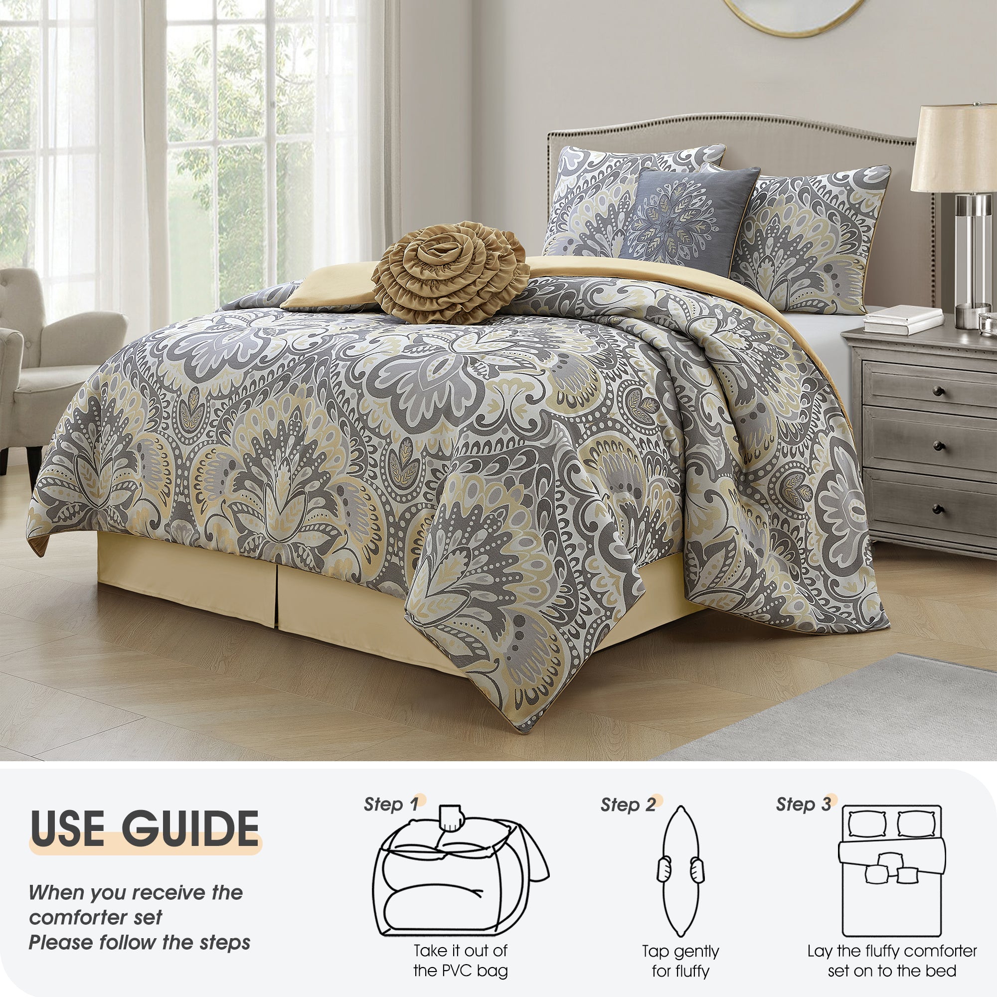 LANCO MODERN LIFESTYLE Grey Yellow 8 Piece Comforter Set, Elegant Floral Jacquard, Ultra Soft Bed Set for All Seasons, Room in a Bag, Include Curtains, Bed Skirt, Pillow Shams & Decor Pillows