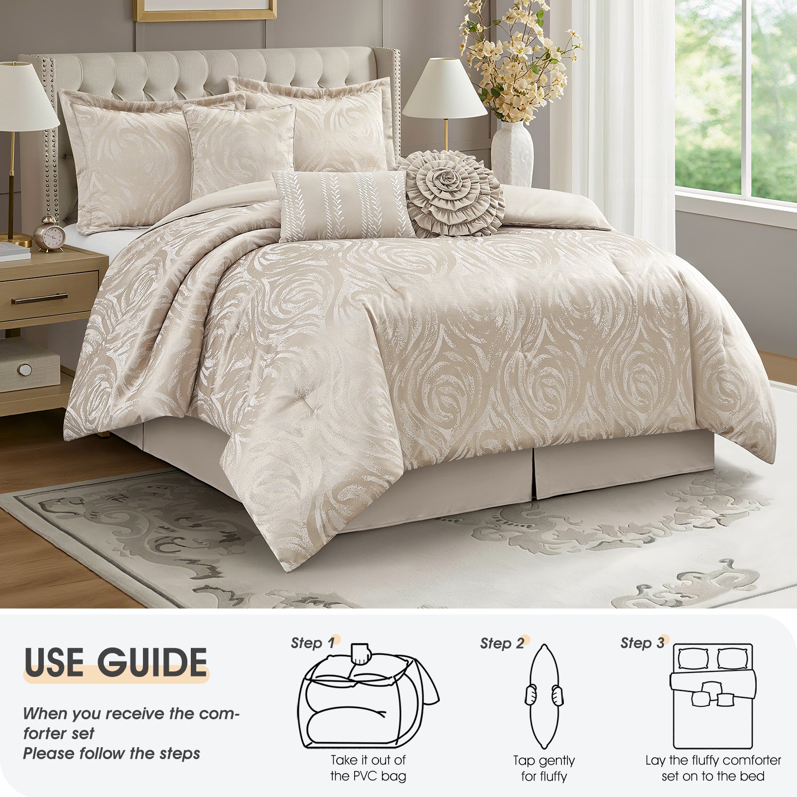 LANCO MODERN LIFESTYLE Alameda 7 Piece Comforter Set, Elegant Floral Jacquard, Ultra Soft Bed Set for All Seasons, Bed in a Bag with Comforter, Bed Skirt, Pillow Shams & Decor Pillows