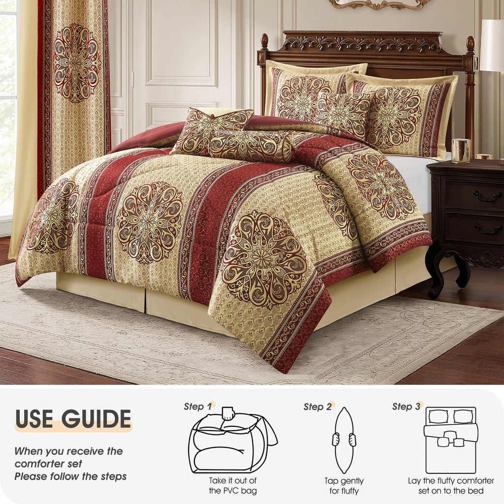LANCO MODERN LIFESTYLE King Comforter Set, Wine Gold Medallion Jacquard Design, Luxurious Bohemian 9 Pieces Bedding Set with Curtains, Decorative Pillows and Bed Skirt