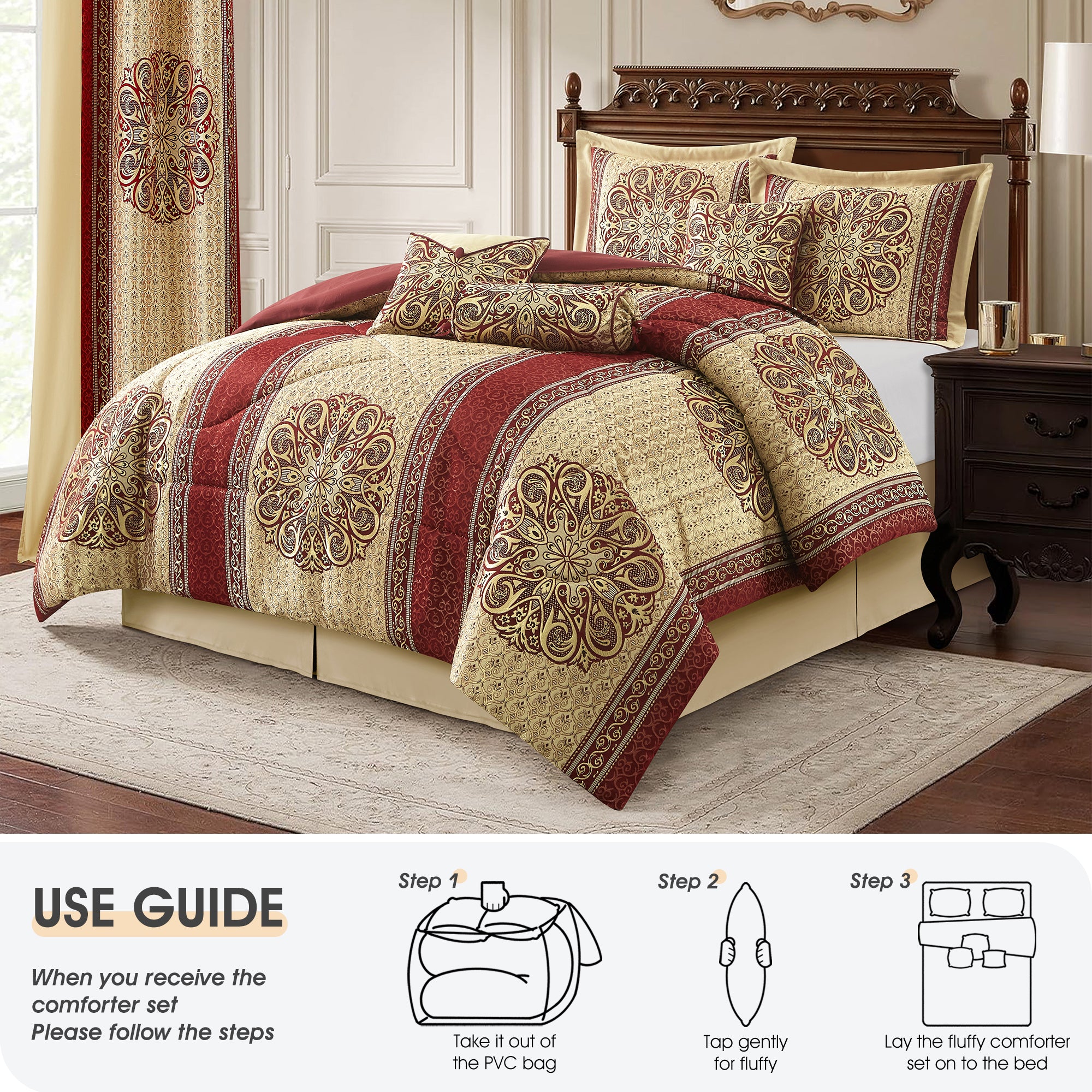 LANCO MODERN LIFESTYLE King Comforter Set, Wine Gold Medallion Jacquard Design, Luxurious Bohemian 9 Pieces Bedding Set with Curtains, Decorative Pillows and Bed Skirt