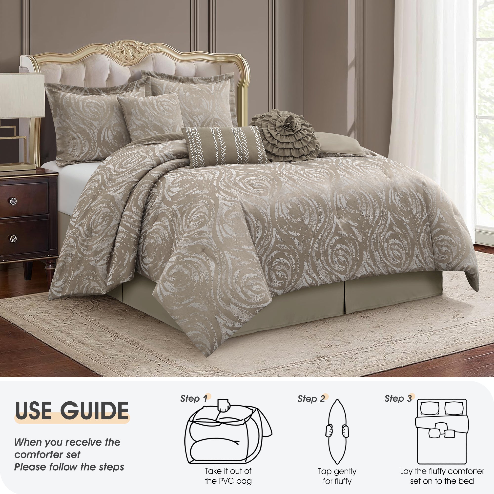 LANCO MODERN LIFESTYLE Alameda 7 Piece Comforter Set, Elegant Floral Jacquard, Ultra Soft Bed Set for All Seasons, Bed in a Bag with Comforter, Bed Skirt, Pillow Shams & Decor Pillows