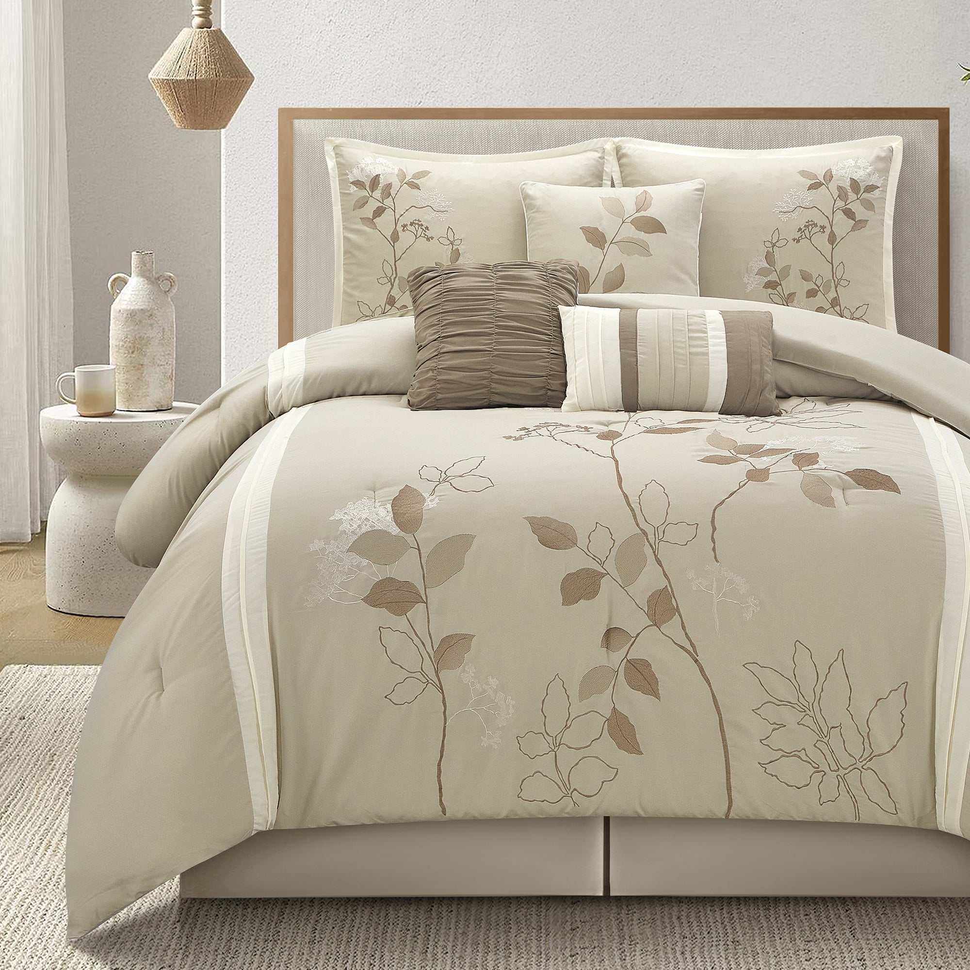 LANCO MODERN LIFESTYLE Beige California King Comforter Set, 7 Pieces Bed in a Bag, Elegant Floral Leaves Embroidery, Soft and Lightweight All Seasons Bedding Set, Bedskirt, Pillow Shams, Decor Pillows