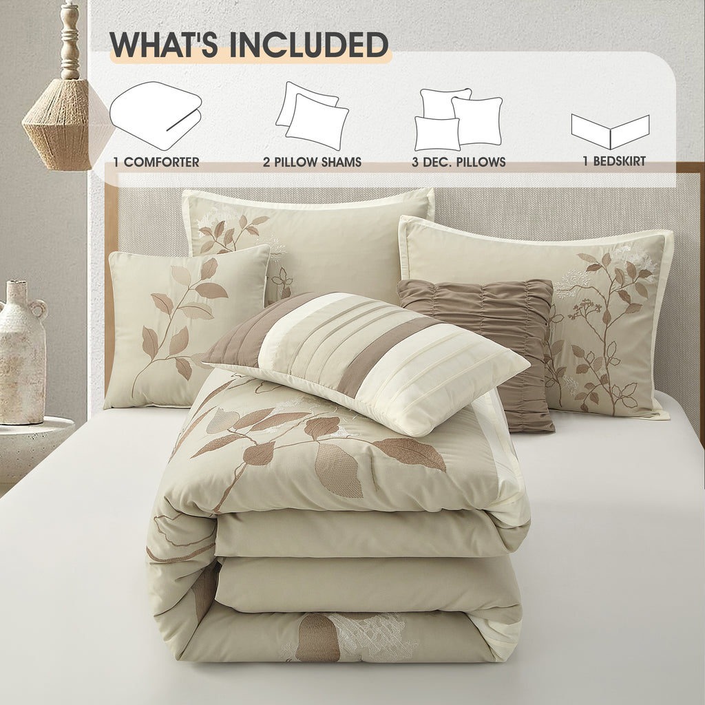 LANCO MODERN LIFESTYLE Beige California King Comforter Set, 7 Pieces Bed in a Bag, Elegant Floral Leaves Embroidery, Soft and Lightweight All Seasons Bedding Set, Bedskirt, Pillow Shams, Decor Pillows