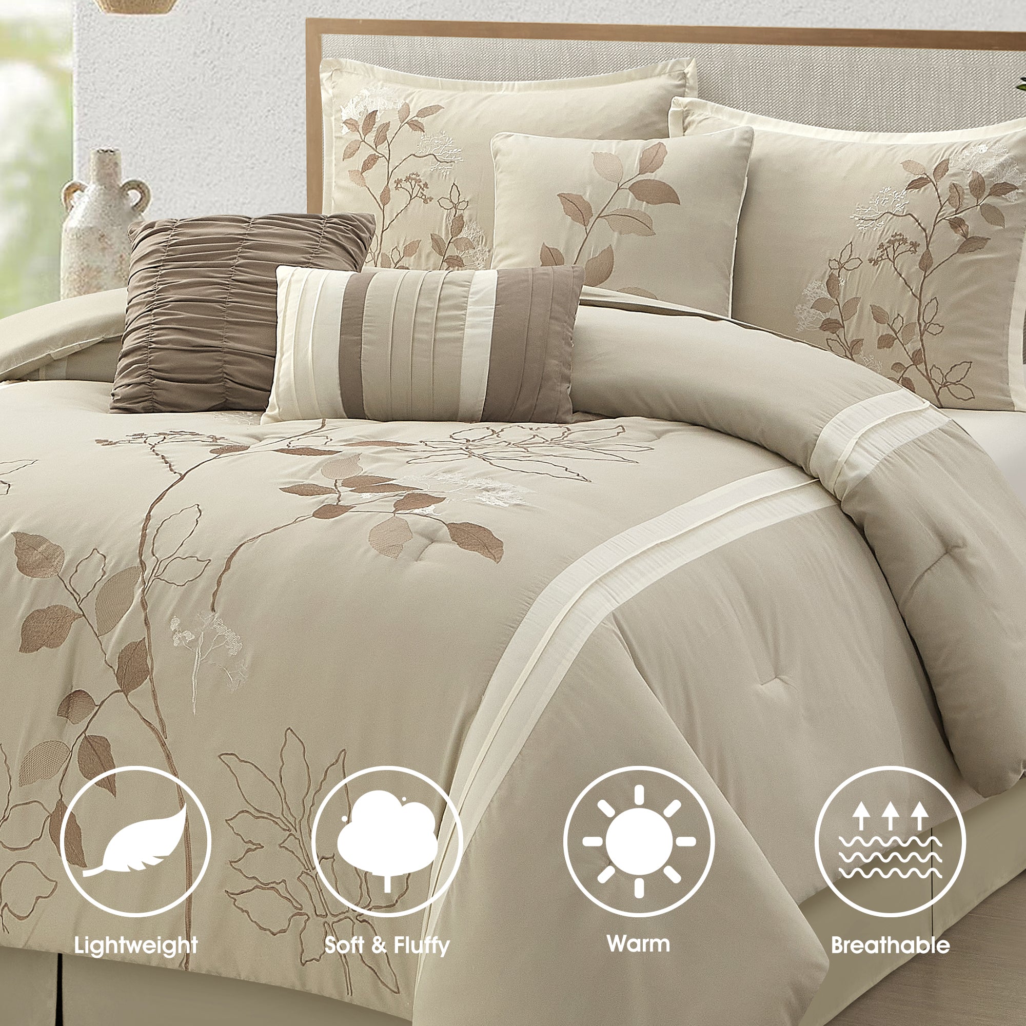 LANCO MODERN LIFESTYLE Beige California King Comforter Set, 7 Pieces Bed in a Bag, Elegant Floral Leaves Embroidery, Soft and Lightweight All Seasons Bedding Set, Bedskirt, Pillow Shams, Decor Pillows