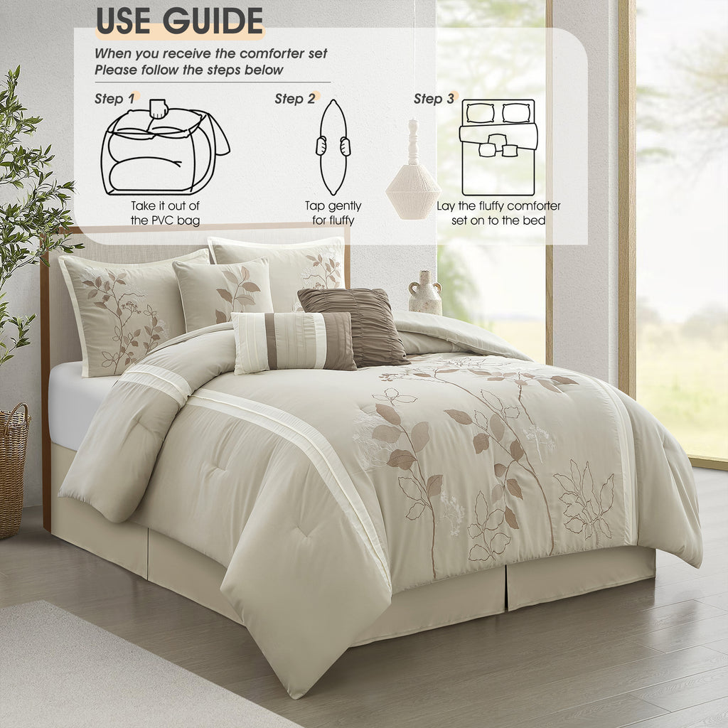 LANCO MODERN LIFESTYLE Beige California King Comforter Set, 7 Pieces Bed in a Bag, Elegant Floral Leaves Embroidery, Soft and Lightweight All Seasons Bedding Set, Bedskirt, Pillow Shams, Decor Pillows