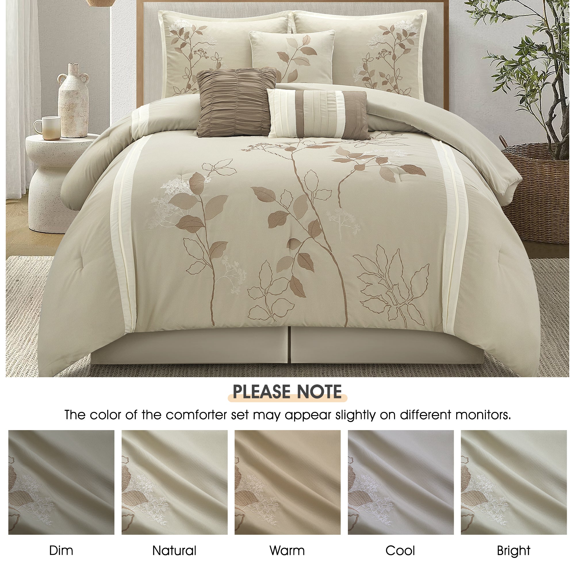 LANCO MODERN LIFESTYLE Beige California King Comforter Set, 7 Pieces Bed in a Bag, Elegant Floral Leaves Embroidery, Soft and Lightweight All Seasons Bedding Set, Bedskirt, Pillow Shams, Decor Pillows