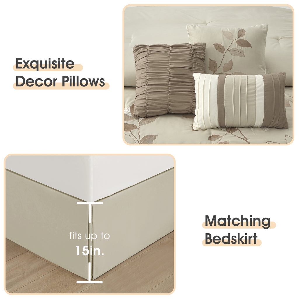 LANCO MODERN LIFESTYLE Beige California King Comforter Set, 7 Pieces Bed in a Bag, Elegant Floral Leaves Embroidery, Soft and Lightweight All Seasons Bedding Set, Bedskirt, Pillow Shams, Decor Pillows